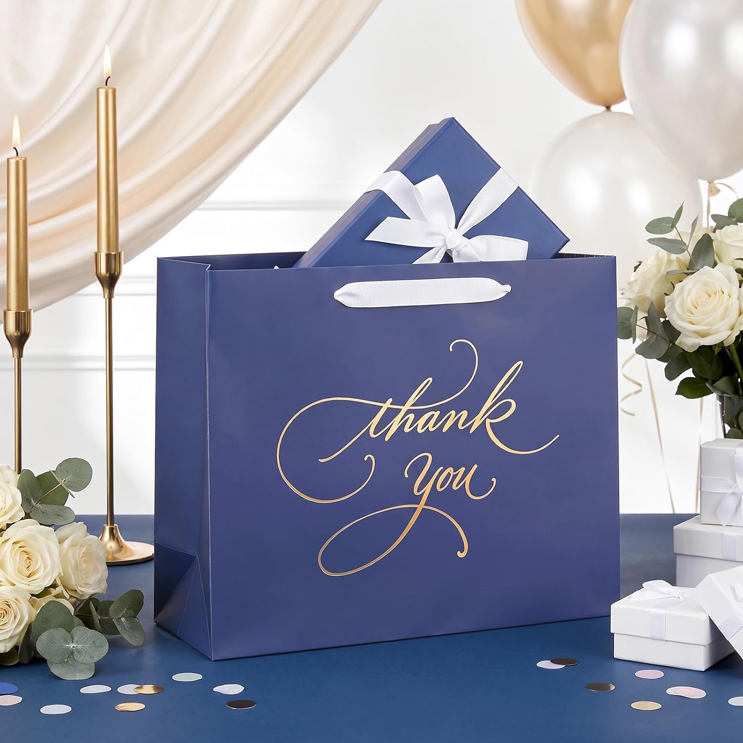 Loveinside 13" Large Navy Blue Thank You Gift Bag, Gold Foil Calligraphy Design Elegant Gift Bag with Tissue Paper, Handles for Birthday, Wedding, Baby Shower, Appreciation, 13" x 5" x 10", 1 Pcs image 5