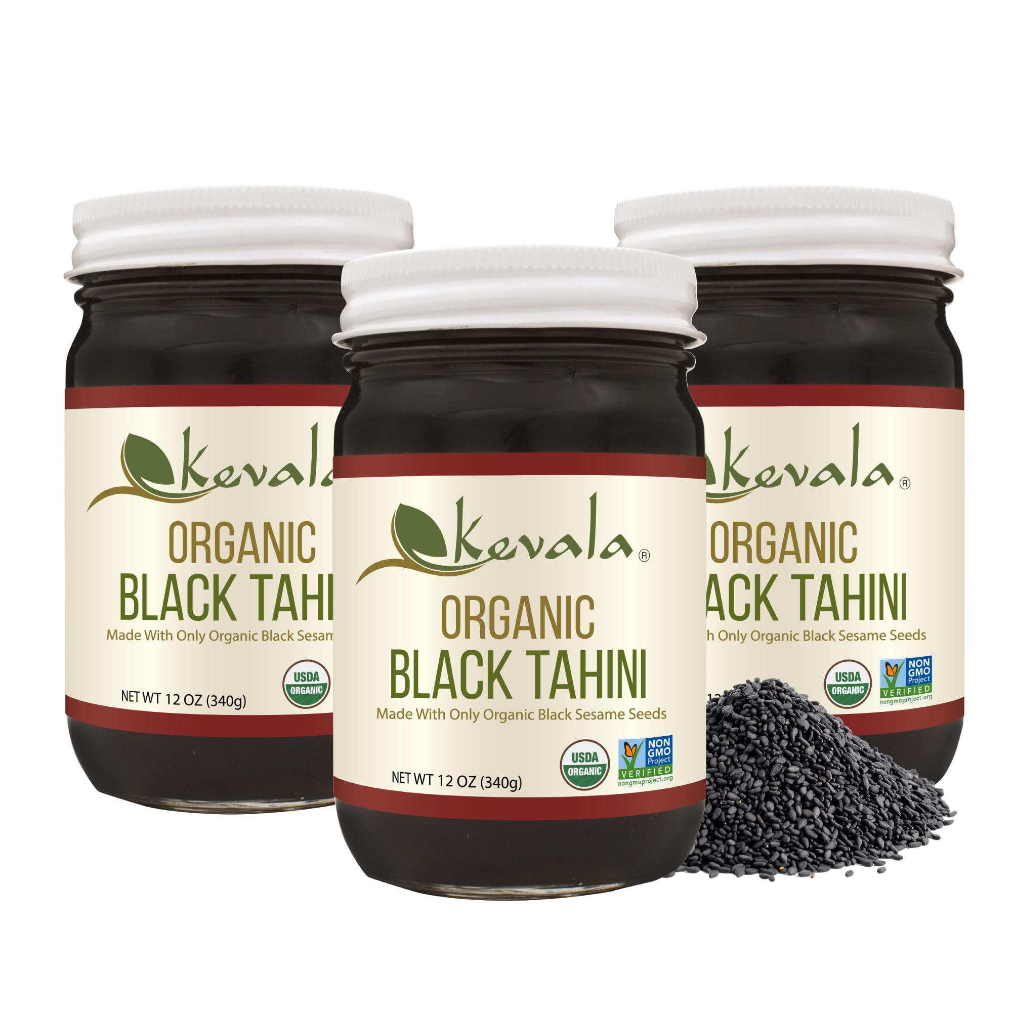 Kevala Organic Black Tahini - 3Pack of 12 oz Glass Jars, Gluten Free Black Sesame Paste for Bread, Nutritious Addition to a Smoothie and Salad