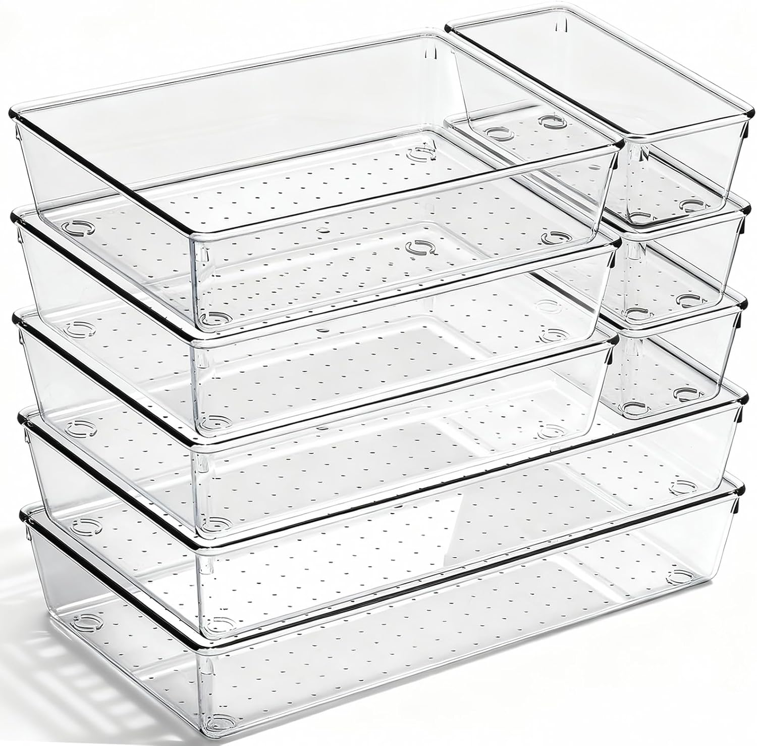 8 Pack Large Clear Plastic Drawer Organizer Trays - Acrylic Kitchen Drawer Dividers for Utensils - 3 Sizes Heavy Duty Home Organization Bins for Bathroom, Makeup, Bedroom, Office Gadgets