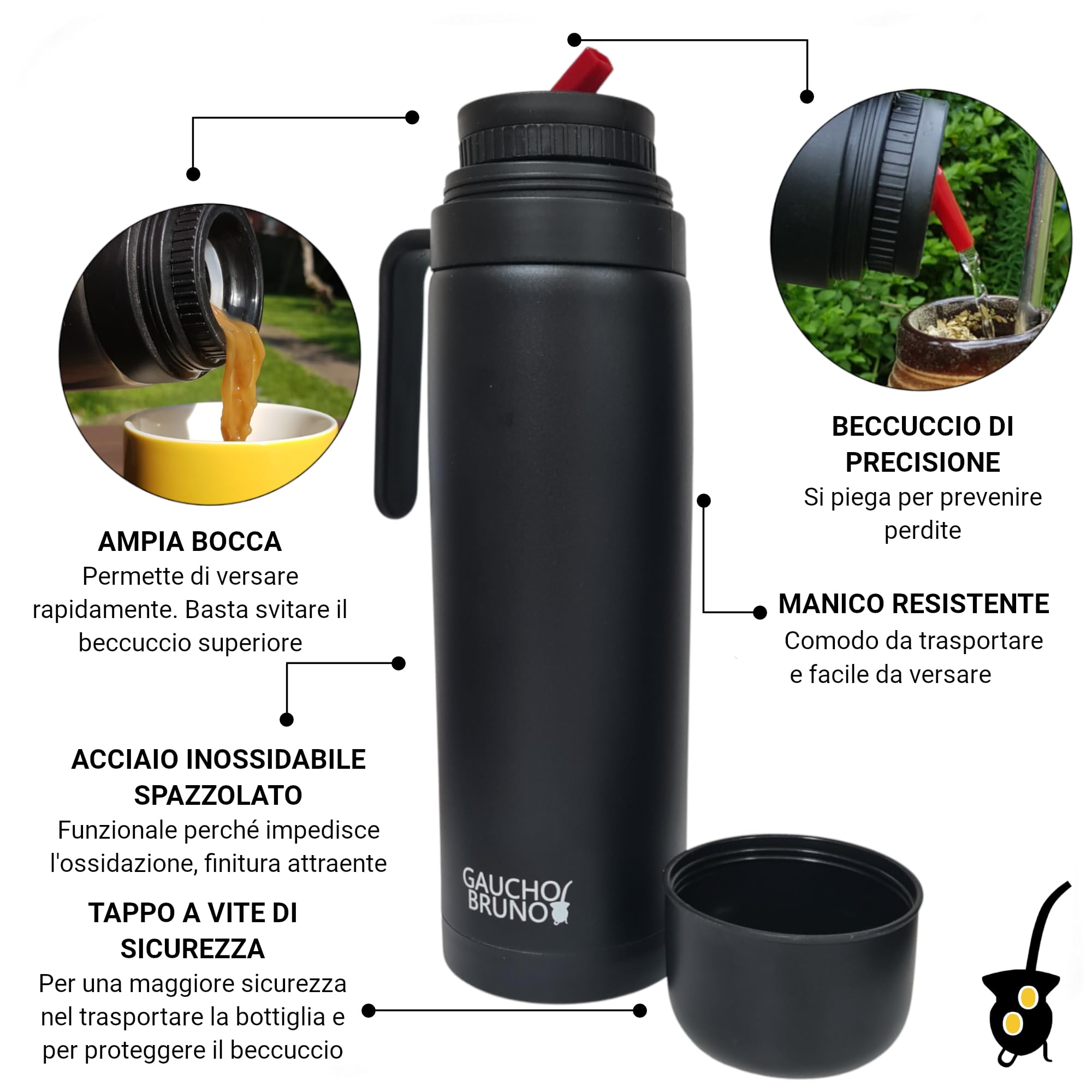 Gaucho Bruno - Mate termico in acciaio inossidabile per bere Yerba Mate | Mantiene la temperatura della bevanda | Con Bombilla | Borraccia da 1 litro con l'iconico beccuccio di precisione pico Cebador