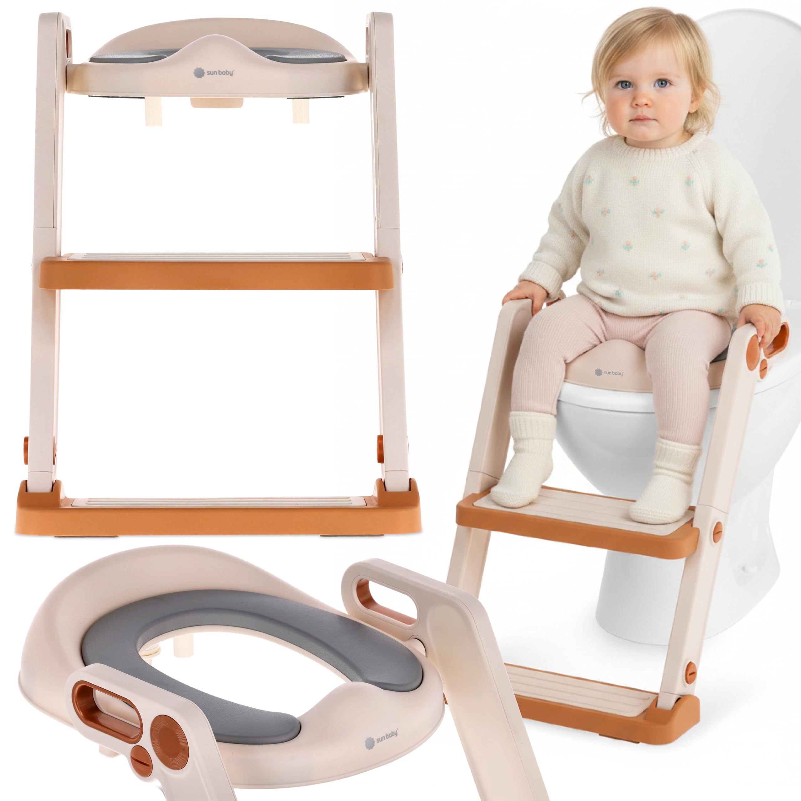 sun baby Nakładka na sedes z drabinką dla dzieci - 18-36 miesięcy, do 15 kg - antypoślizgowa, z uchwytami, 3-stopniowa regulacja (51-58 cm), 2-stopniowa drabinka, deska sedesowa - Biało-Złota