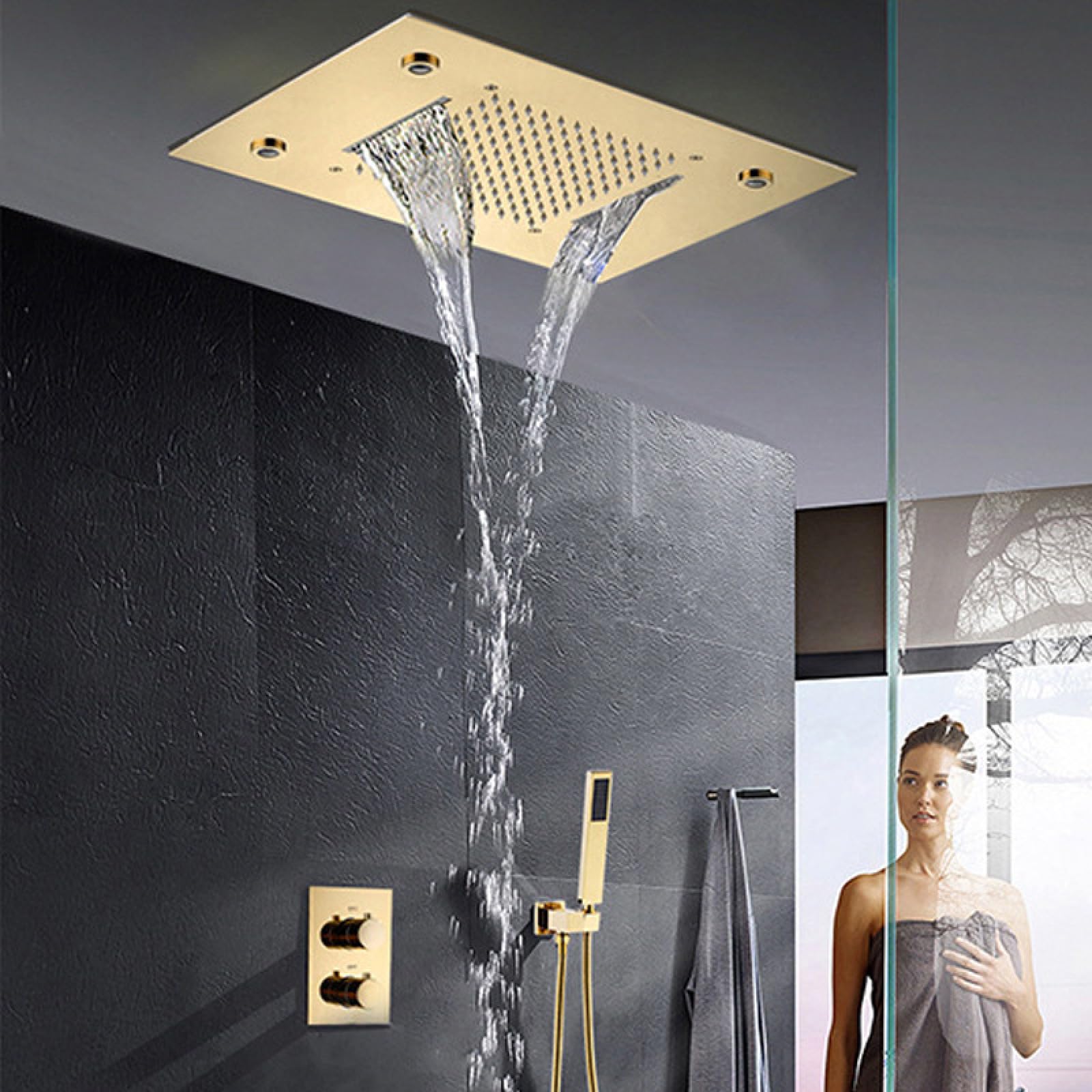 ASerZenith The All-Copper Brushed Gold Bathroom is Concealed Into The Wall Type Canopy to Hide The Household Constant Temperature Light Luxury Shower Shower Set Ceiling(Constant Temp 3Functions)