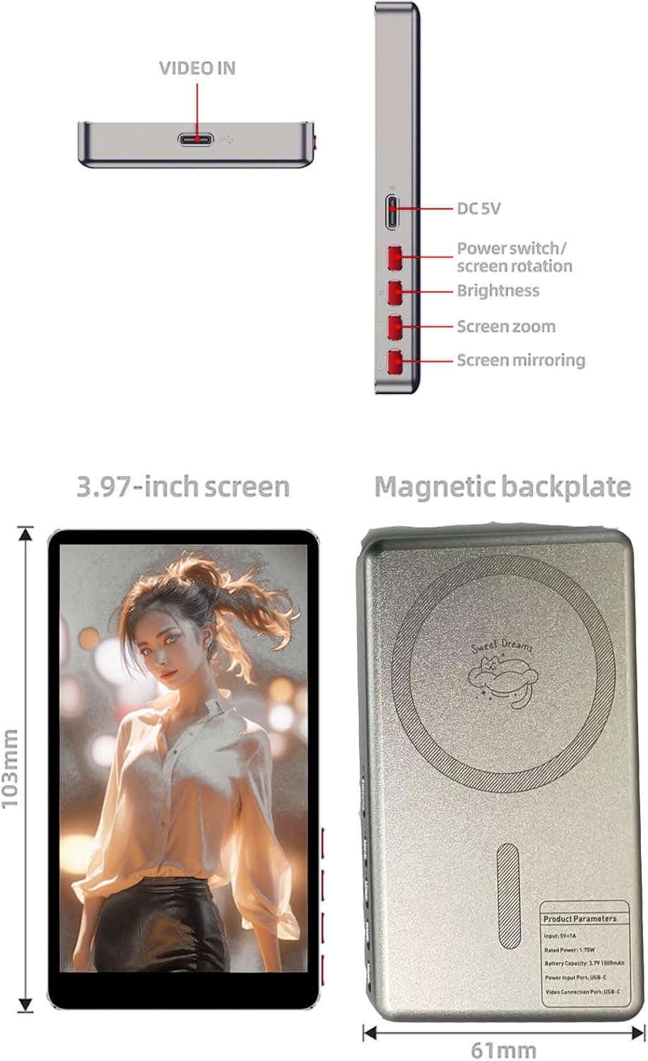 Vlog Selfie Monitor Screen(Alloy Case), Content Creator Essentials,Back Camera Magnetic Mirror Monitor for TikTok, Selfie, YouTube, Live Streaming, Screen Mirroring for iPhone Camera (Silver)