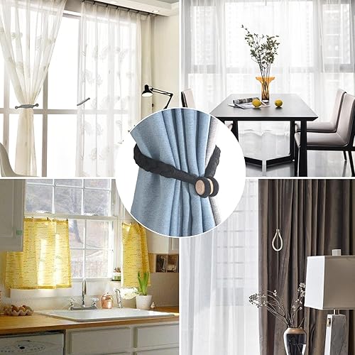 Miniatura 8 de Paquete de 4 alzapaños magnéticos negros suaves para cortinas, de algodón, tejido a mano, con hebilla de madera, para decoración del hogar y la