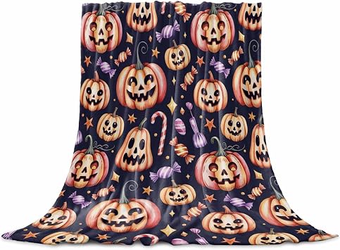 Flannel Fleece Blanket 40" x 50", Halloween Microfiber Cozy Soft Throws for Women, Spooky Pumpkins Halloween Scary Funny Candy Lightweight Throw Blankets for Couch, Sofa, Bed, Living Room, Bedroom