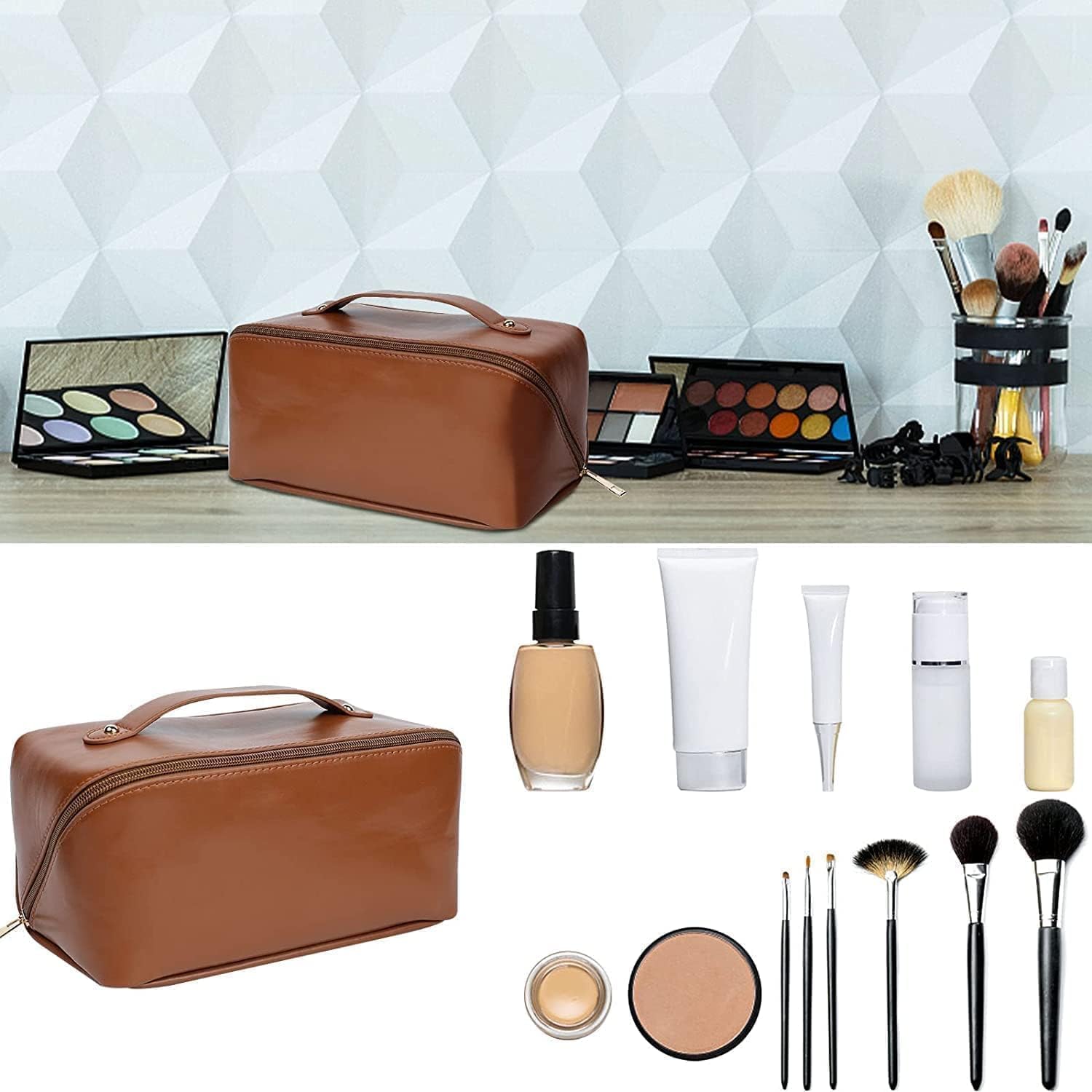 JEEJEX Women’s Large Capacity Cosmetic Travel Bag - Waterproof Leather Makeup Organizer with Wide Opening, Dividers with Handle | Cosmetic Bag with Handle (Cross Open, Brown) 4