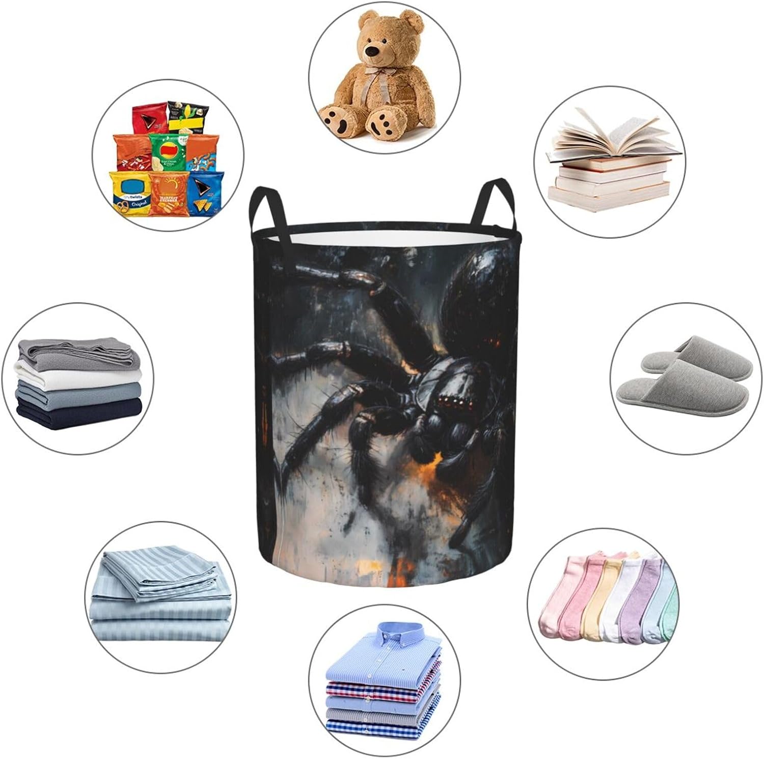 Black Spider Round Single-layer Laundry Basket, Portable Storage Laundry Basket, Bedroom Clothes Storage Basket with Handle