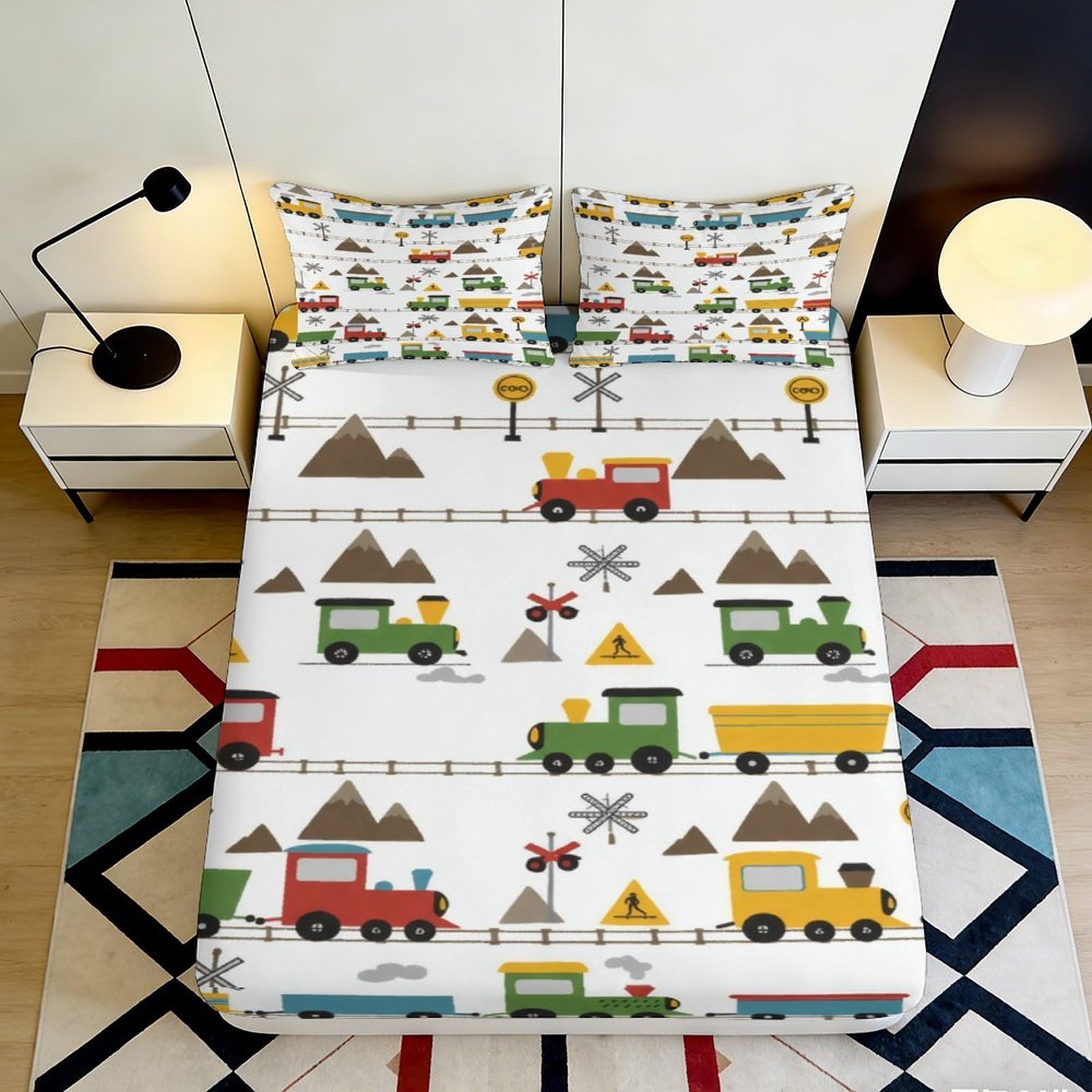 3D Printed Cartoon Train Fitted Sheet Microfiber Soft Breathable Mountain Bed Cover for Bedroom Guest Room 90x200x25cm