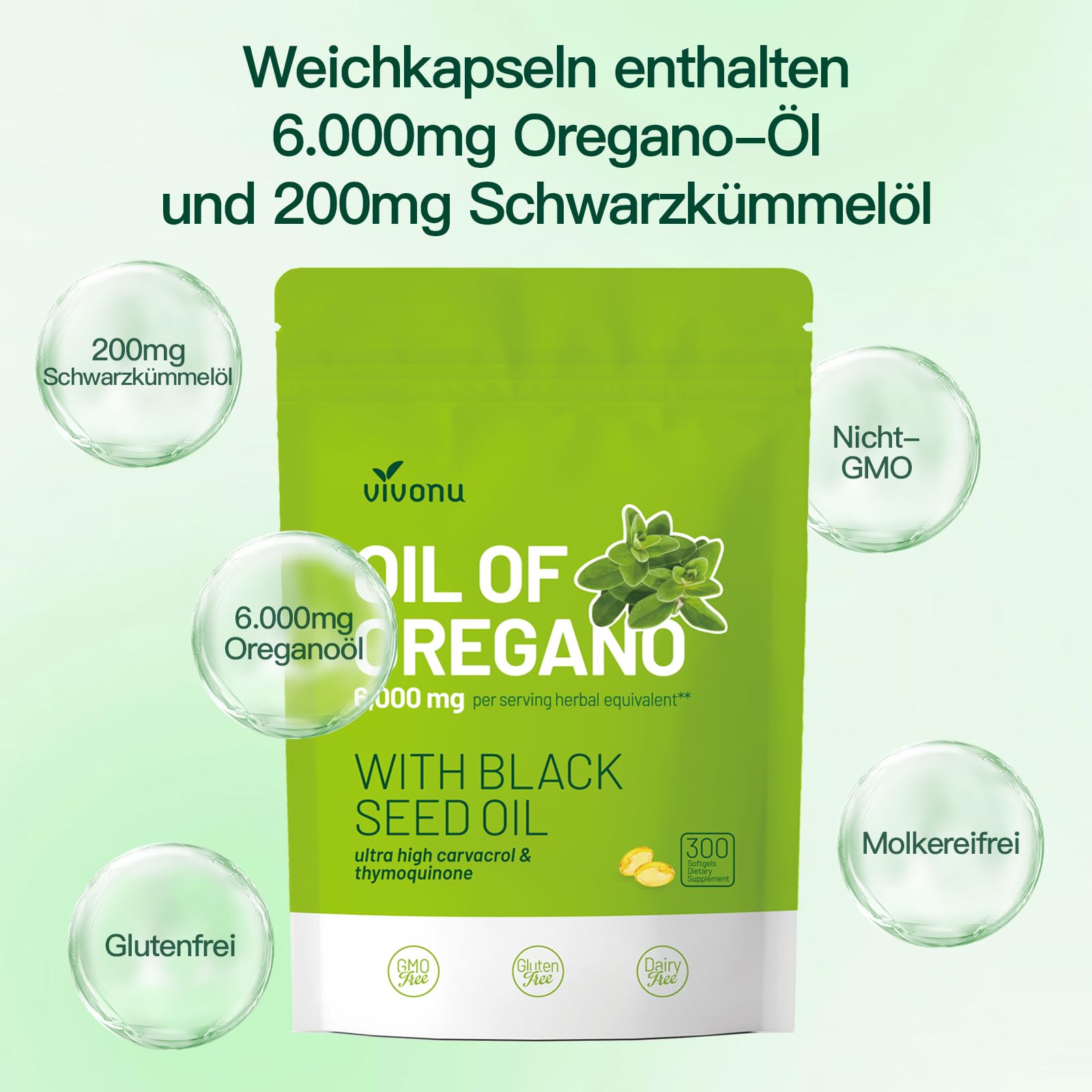 VivoNu Olio di Oregano, Oil of Oregano with Black Seed Oil, olio di origano biologico, senza OGM, 300 unità
