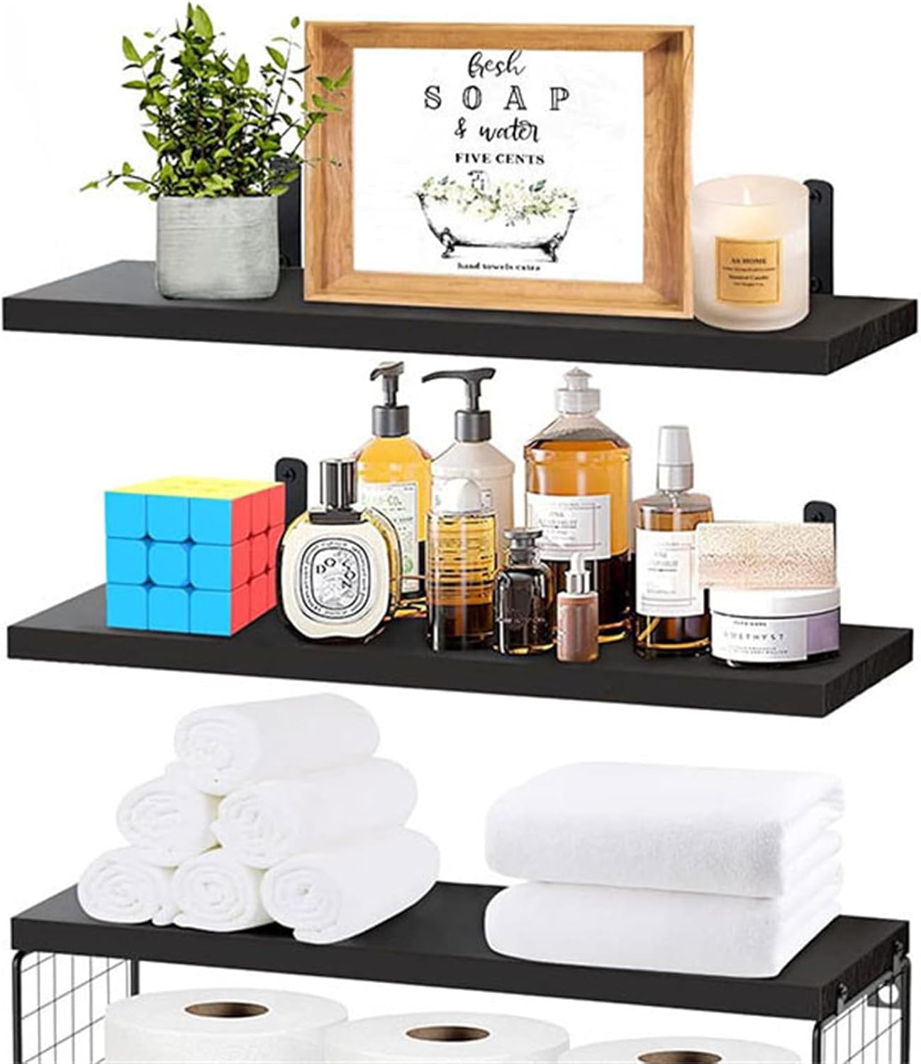 Practical Bathroom Floating Storage Shelves with Elegant Color Set of 3 Wood Wall Mounted for Organized Bathroom