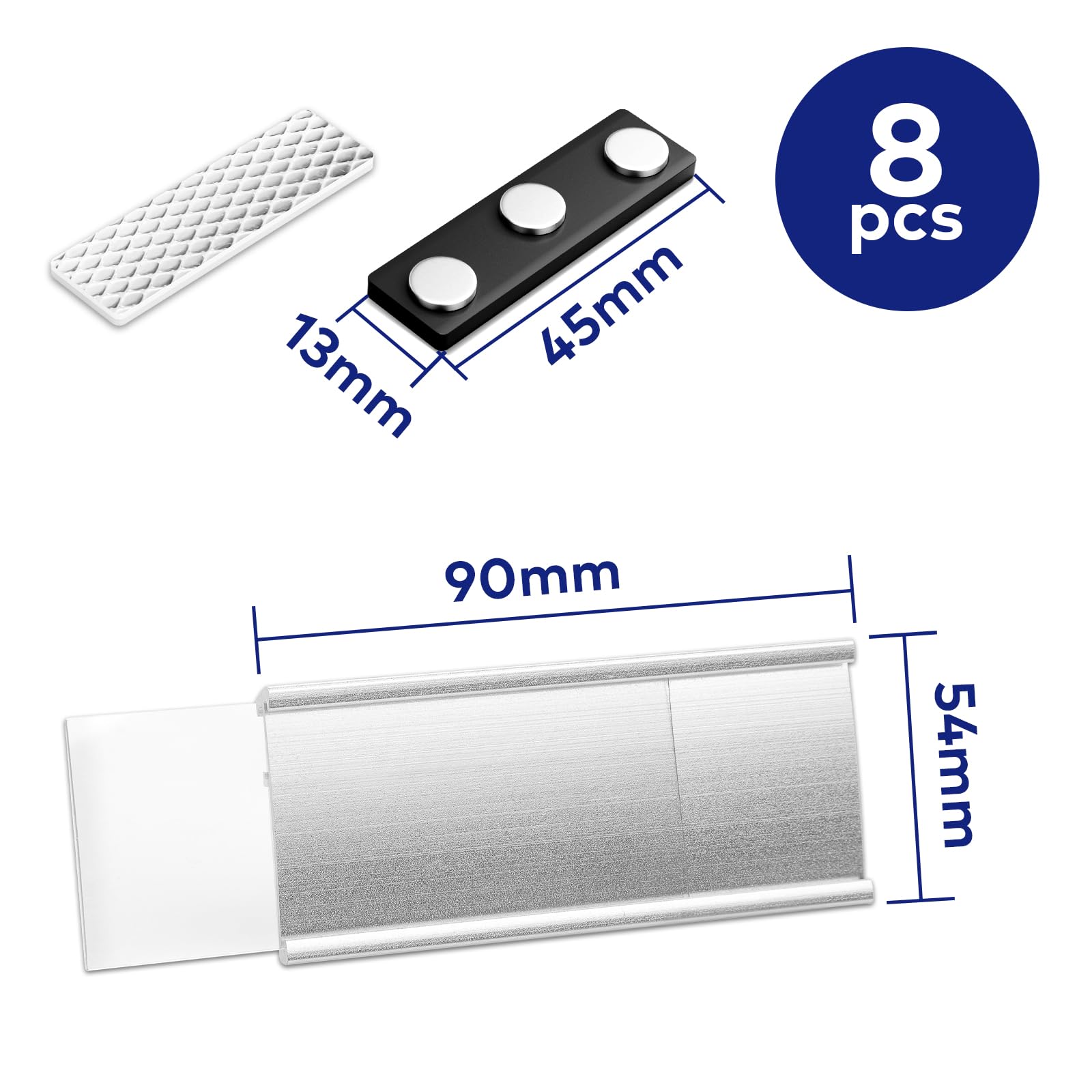 Faccito 10 aluminium naambordjes met kaartsleuf en broche, geanodiseerde metalen borden, transparant, naamplaatje voor kleding, 72 x 32 mm, zilver