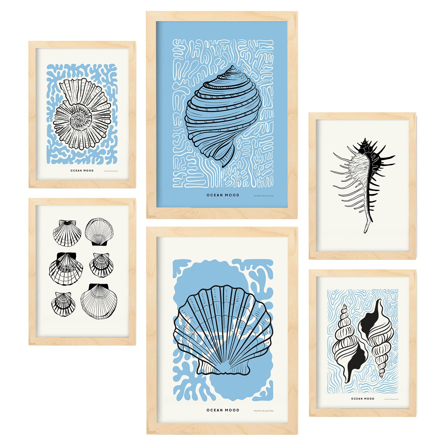 Nacnic Set de 6 Posters en Tinta Negra. Irises. Láminas Artísticas del Mar y Océano para el Diseño y Decoración de Interiores. Tamaños A3 & A4, Marcos Color Madera.