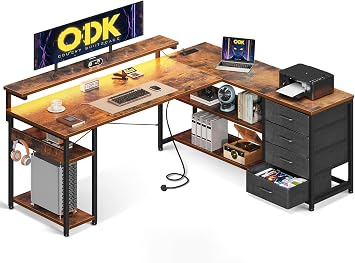 ODK L Shaped Corner Desk with Drawers, Power Outlet & LED Lights, 155 110cm