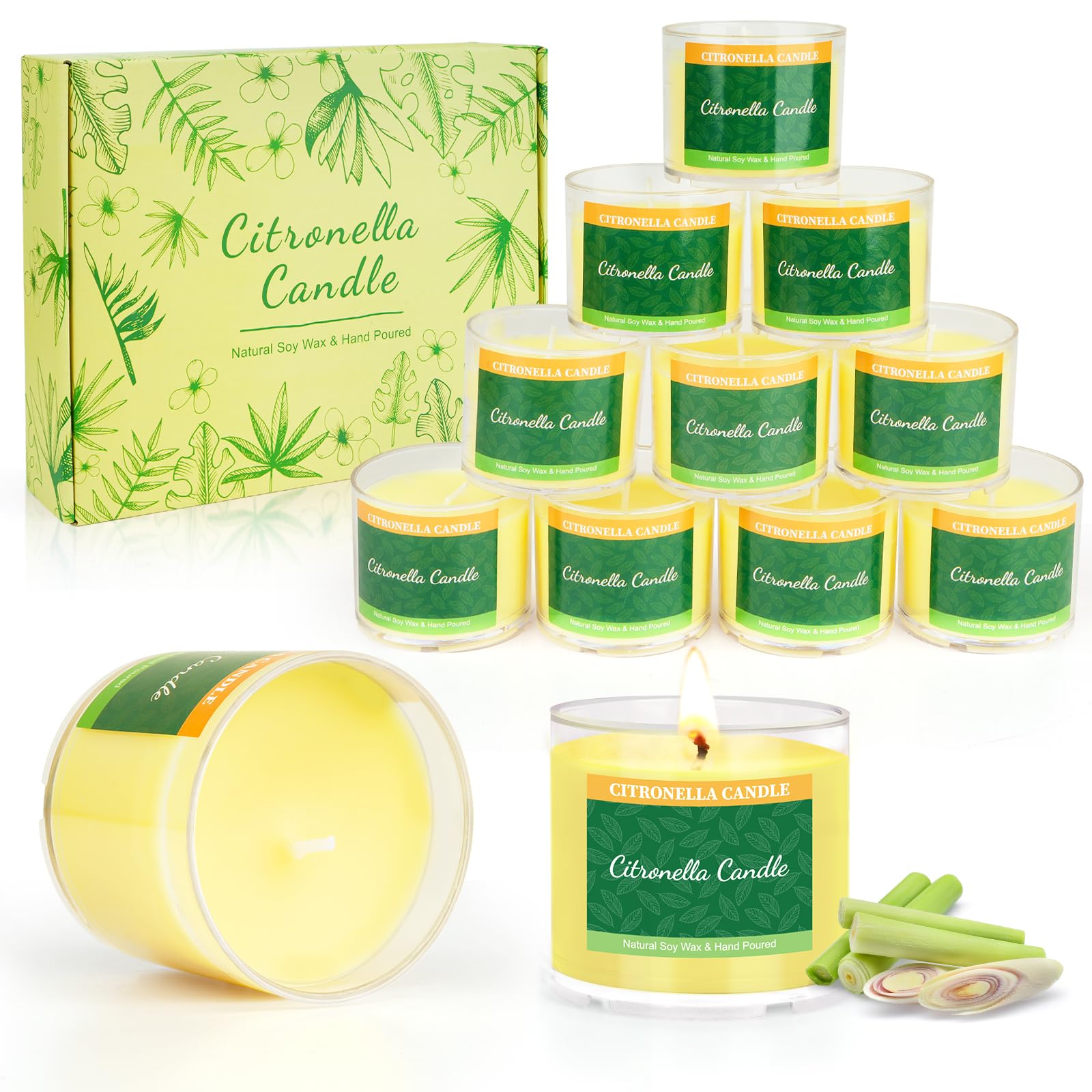 candele citronella esterno - Set di 12 candele esterno, grandi candeline per 10 ore, sostenibili, cera di soia naturale, regalo per donne, vicini, amici, colleghi