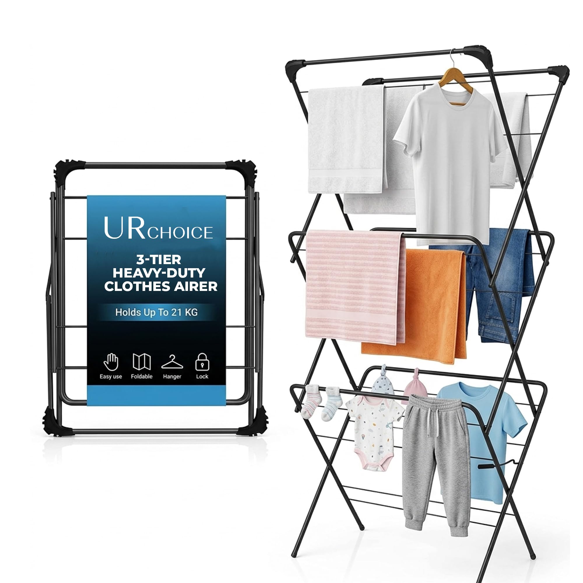 Ur Choice Black Urchoice 3 Tier Clothes Airer Drying Rack - Space-Saving Laundry Drying Airer - Indoor & Outdoor Home Storage Solution With Free 20 Pegs