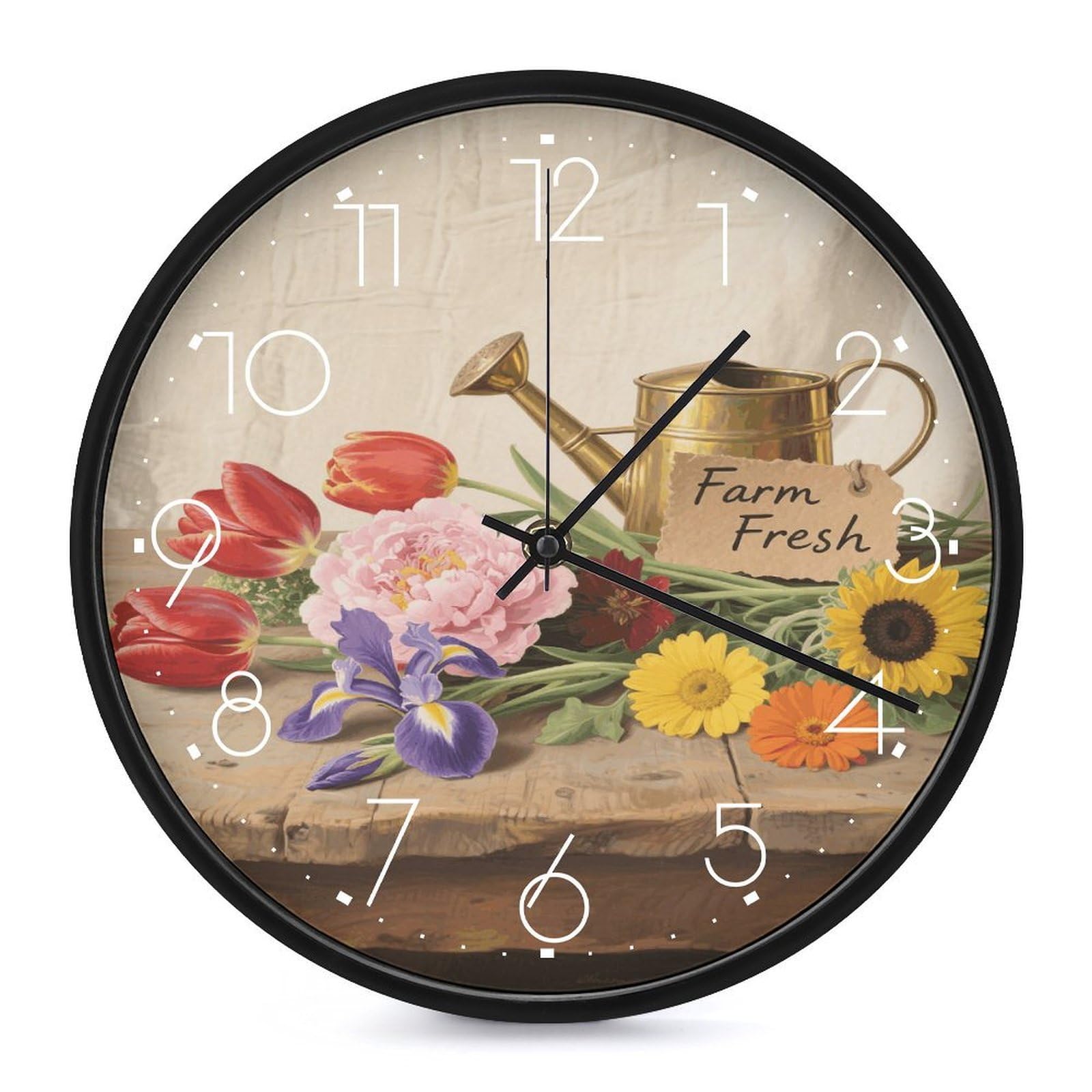 Horloge murale ronde silencieuse 25 cm à motifs de fleurs multicolores pour salon