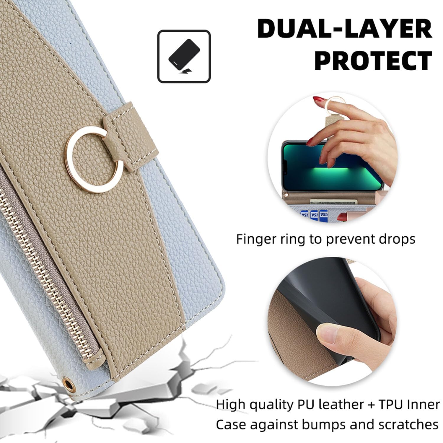 Generic - Funda compatible con Samsung Galaxy A33 5G (color verde) con correa de cadena con cremallera y billetera de piel con tapa trasera y espejo