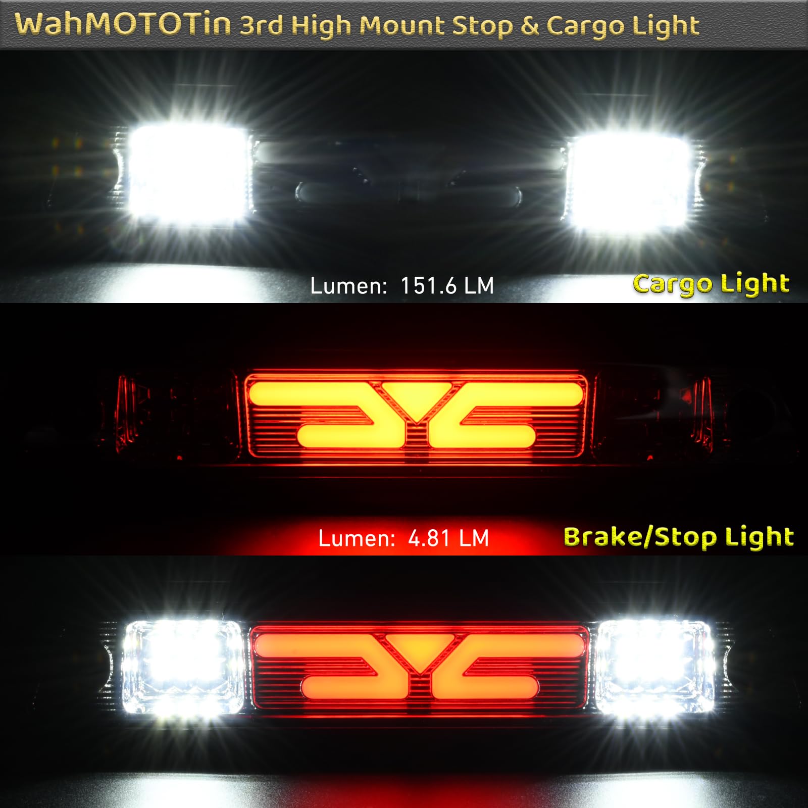 WahMOTOTin LED 3rd Third Brake Light - Unique Design 33 LEDs, Light Smoked Lens Compatible with 2009-2014 F150, Rear Cab Center Brake/Tail/Cargo Lamp Assembly w/Plug-N-Play Wiring