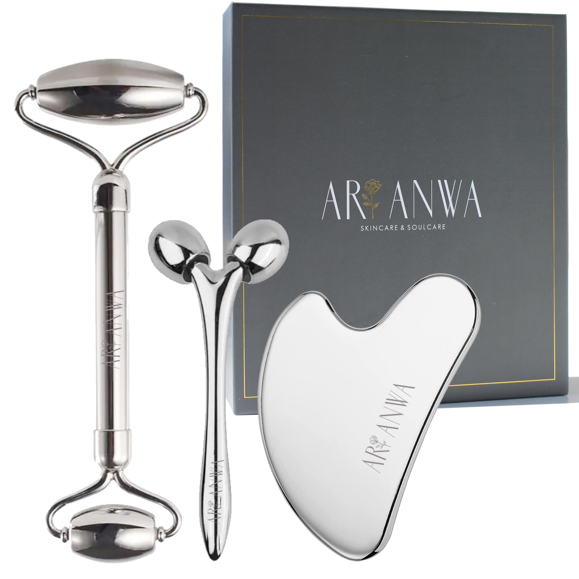 ARI ANWA Premium Gua Sha Edelstahl & Edelstahl Gesichtsroller Set + 3D Massger. Kühlende Gesichtsmassage - Stainless Steel Gua Sha Set