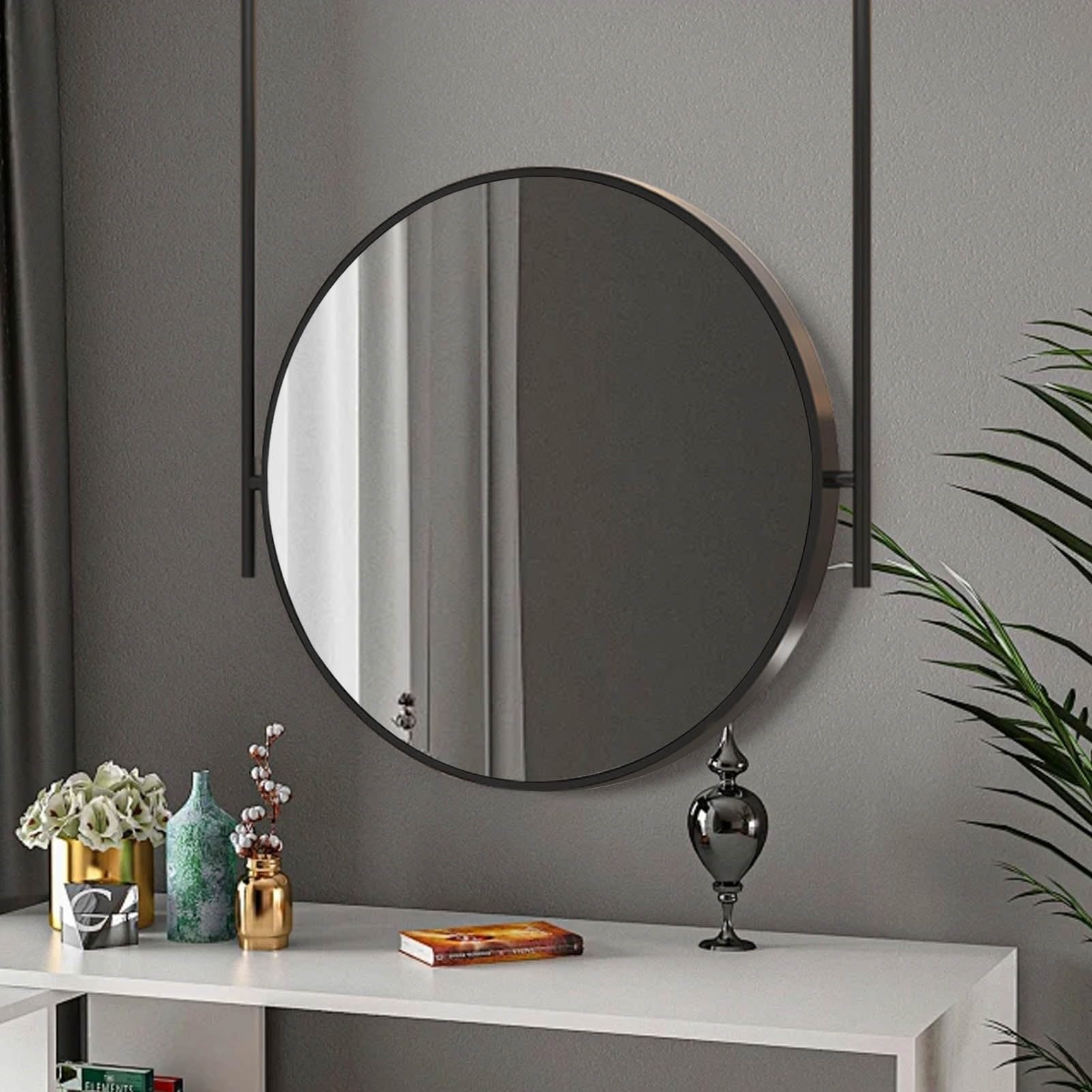 SXFSDOU Black Large Round Bathroom Mirrors For Wall, Ceiling Hanging Mounted Makeup Living Room Bedroom Cloakroom Decorative Mirror(Diameter-50CM/19.7INCH)