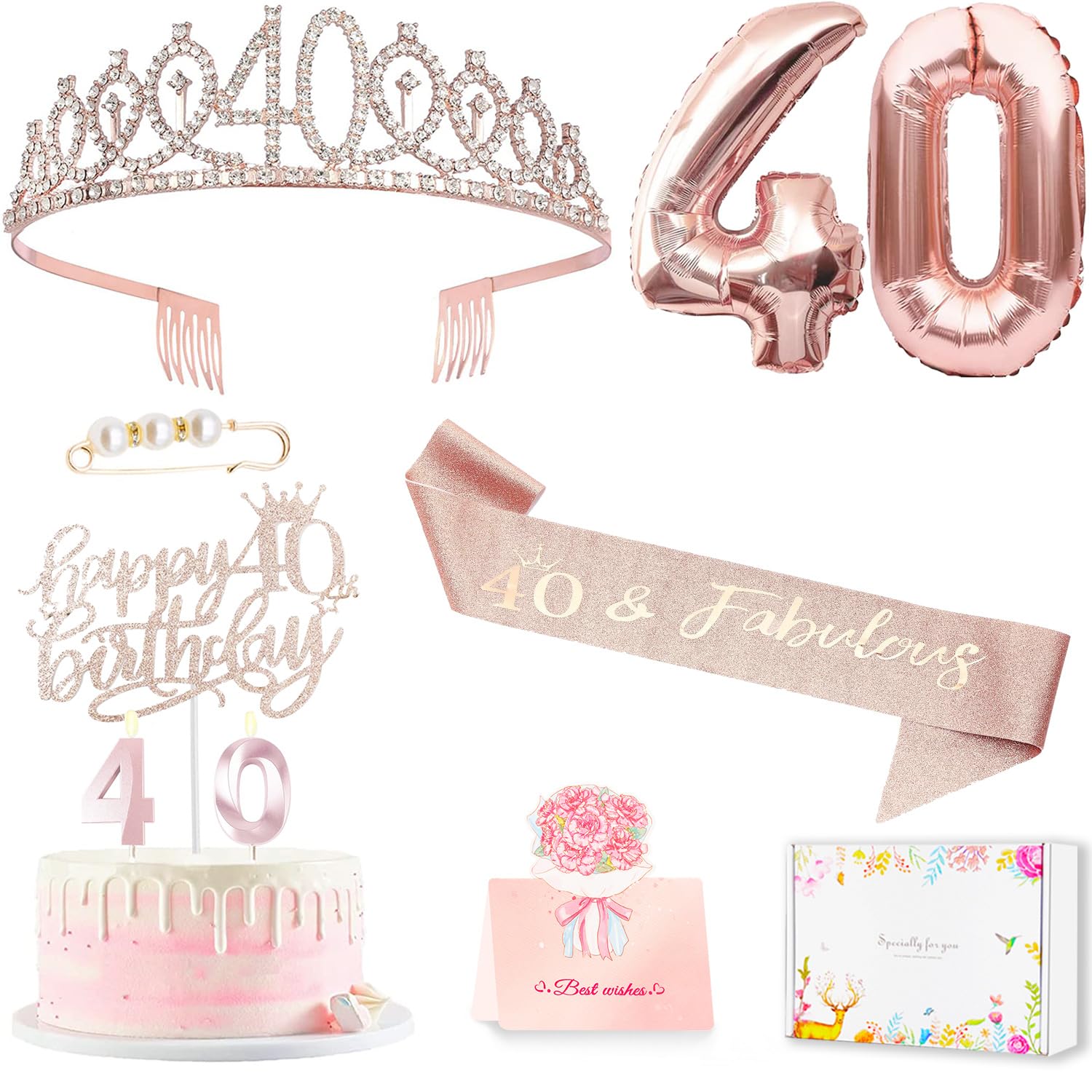 40th Birthday Gifts Decorations for Women, Including 40th Happy Birthday Cake Toppers, Birthday Queen Sash with Pearl Pin, Sweet Rhinestone Tiara Crown, Number Candles and Balloons Set