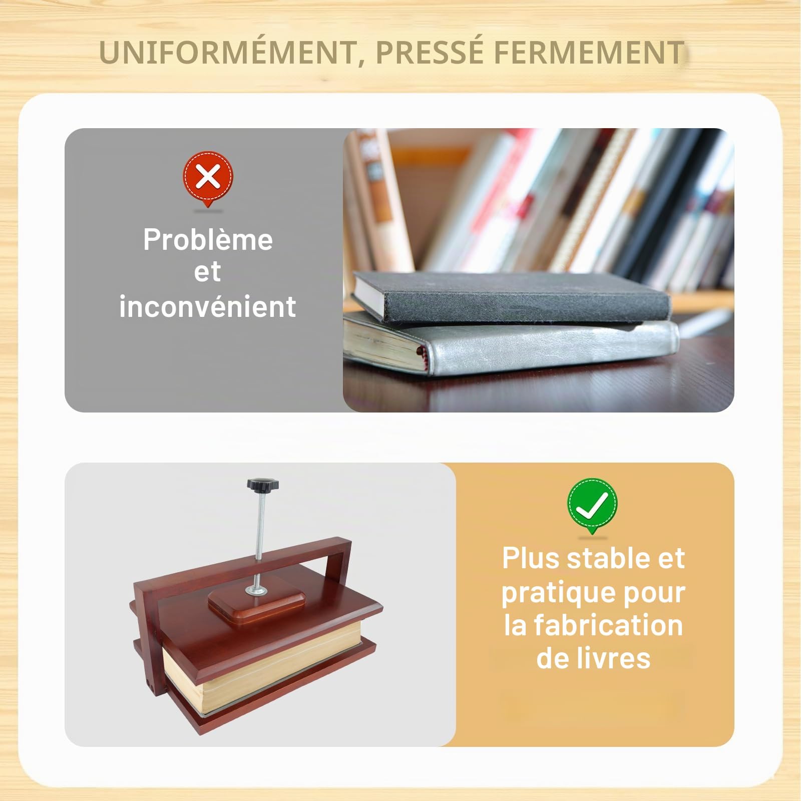 Whemyreat Presse à livres en bois et bambou, presse à papier, presse à fleurs, multifonction, manuelle, solide, pour les besoins de reliure, impression uniforme, reliure de livres DIY au bureau (petit