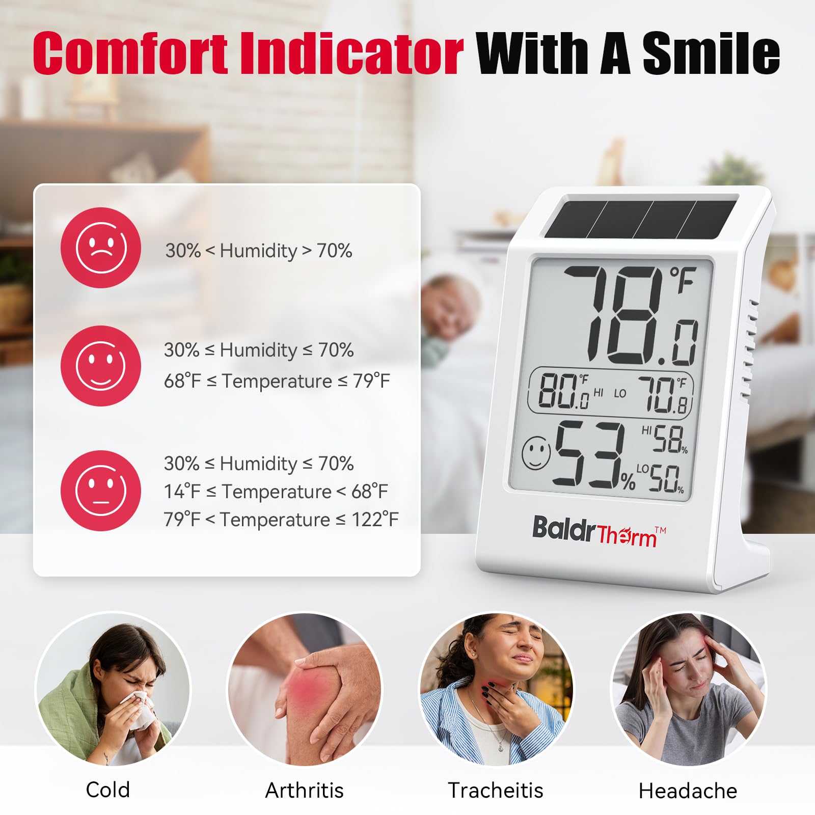 BaldrTherm Misuratore di umidità per stanza, igrometro a energia solare, sensore di temperatura digitale per interni, 8,1 cm, misuratore di umidità per stanze dei bambini, casa, ufficio, confezione da