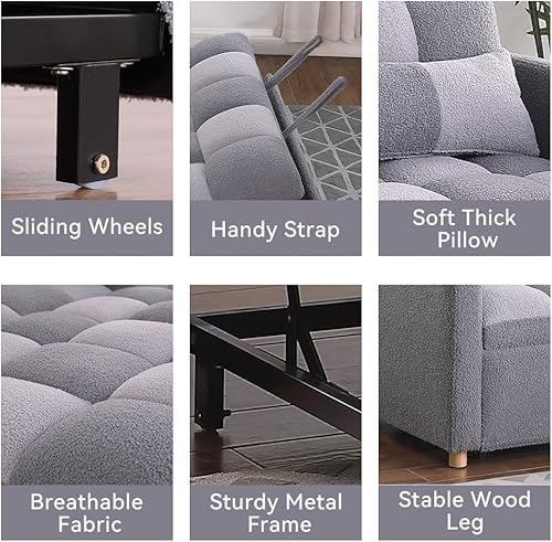 Miniatura 5 de Loveseat Sleeper Sofa- 3 in 1 Convertible Sofa Bed,Pull Out Couch with Adjustable Backrest,Multi-Functional Lounge Chair with Teddy Fabric for