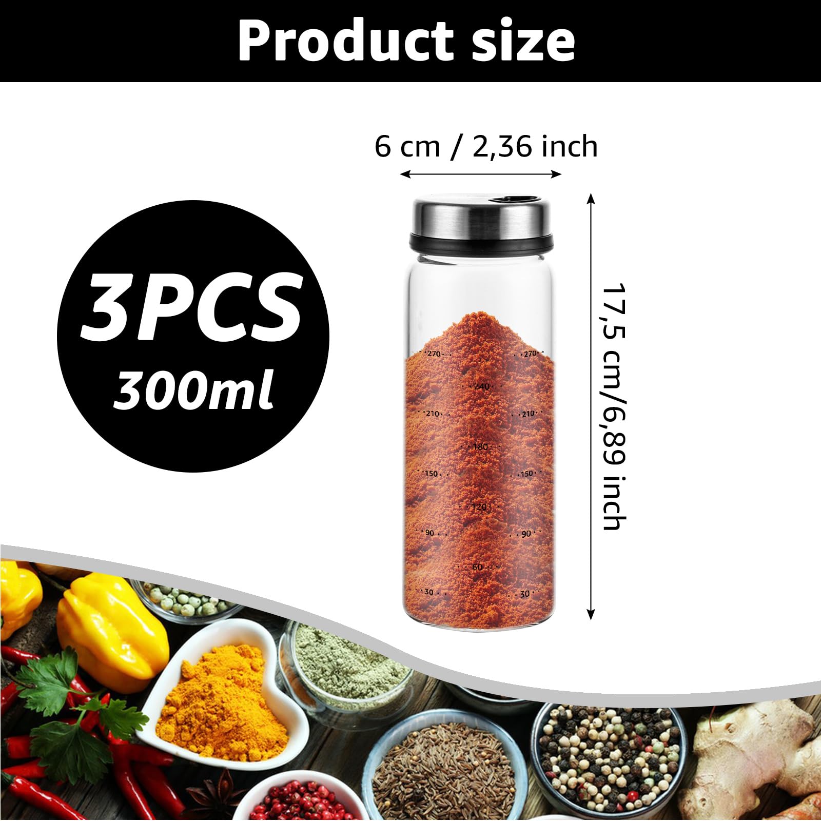 Lot de 3 bocaux à épices avec couvercle rotatif – 300 ml – Pots en verre hermétiques de 16,5 x 6 cm – Saupoudreur avec 4 types d'ouvertures – Spice jars pour cuisine, salle à manger