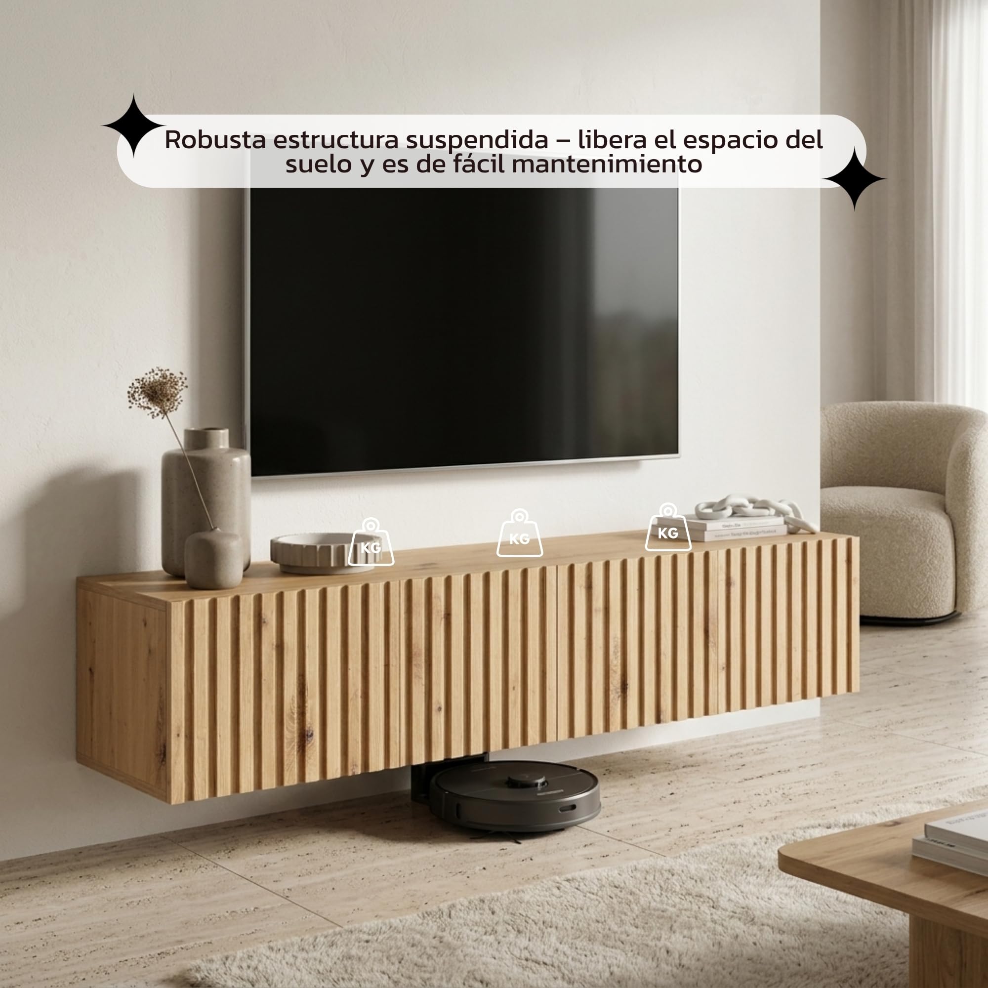 Selsey Telire - Mueble de TV Colgante - Roble Artesano con Frente de Lamas - 140 cm
