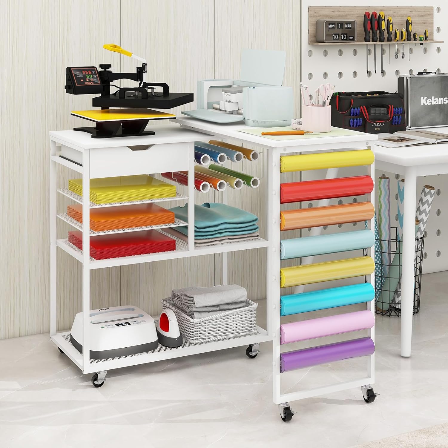 PUNCIA Heat Press Stand with 360°Rotating Craft Cart Table Compatible with Cricut Machine Rolling Organization and Storage with Vinyl Roll Holder Crafting Workstation for Craft Room Home Office