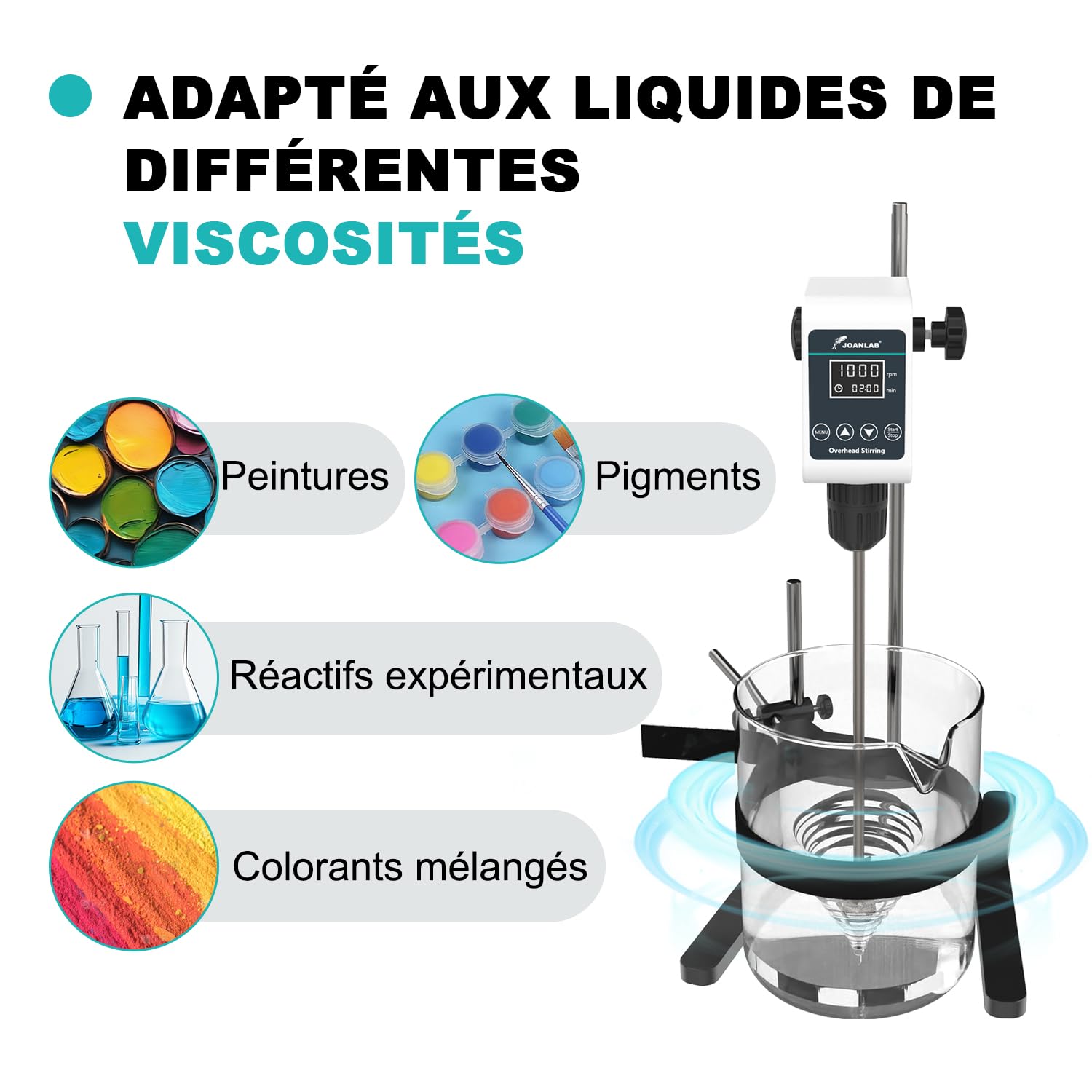 JOANLAB Agitateur Magnétique Overhead Stirrer, Mélangeur Laboratoire 36W avec Pale et Support Inox, Vitesse Ajustable 100-1200 tr/min, Minuterie Numérique 1min-24h, pour 10L & 20000 mPas(OS-5S)
