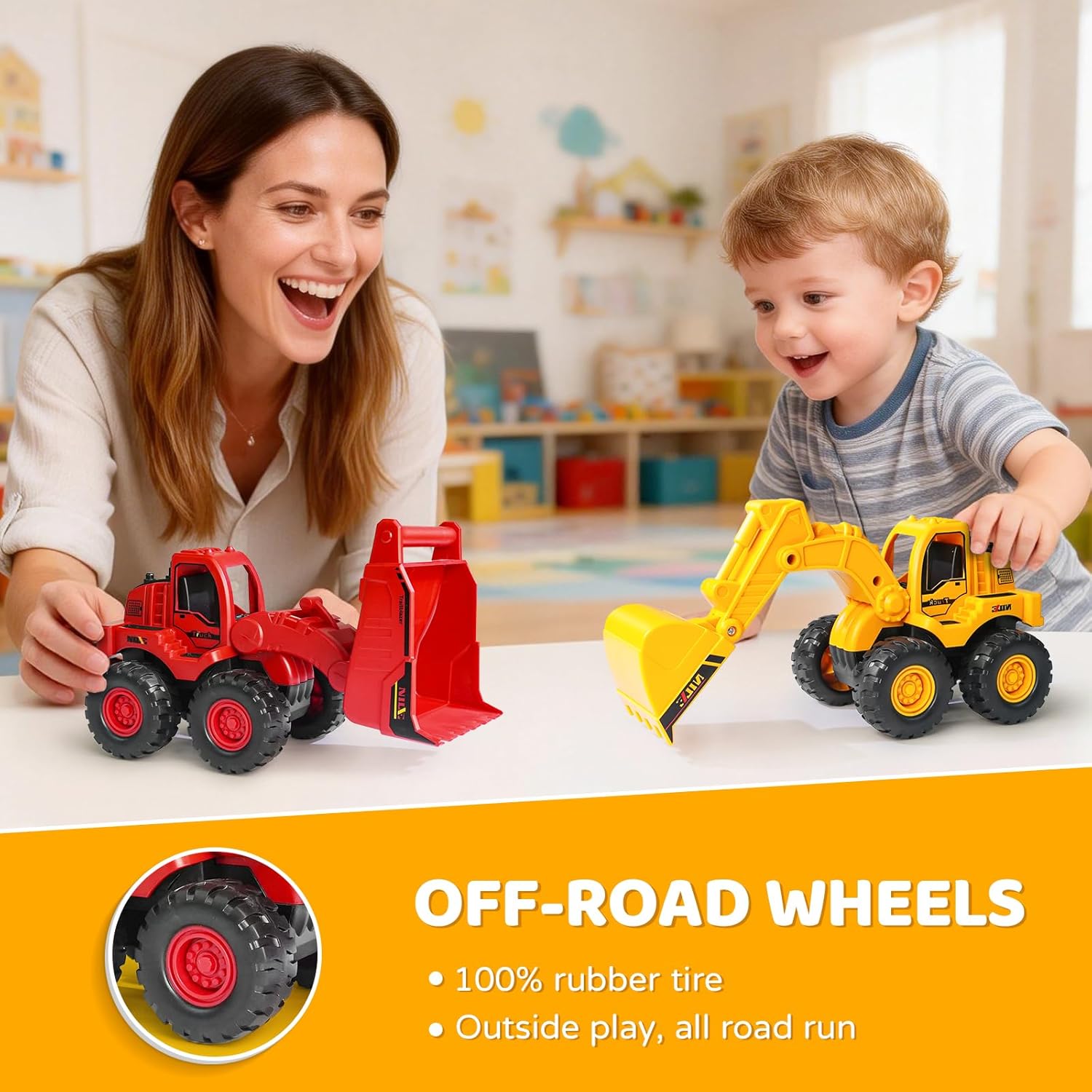 Beestech Construction Toys, Friction Powered Excavator Loader Truck Vehicles, Beach Sand Sandbox Toys for 3, 4, 5 Years Old Boys Kids Girls (2 Pack)