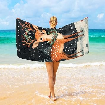 Large Beach Towel Cute Reindeer Snowy Forest 74L x 37W, Fashion Design, Sand Proof, Microfiber Thin, Lightweight - Fit for Swimming Pool Camping Beach Yoga