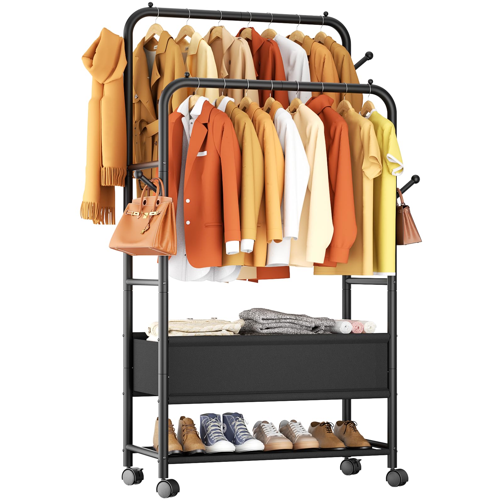 FurologeeFurologee Clothing Racks for Hanging Clothes, Portable Rolling Garment Rack, Sturdy Metal Freestanding Clothes Rack with Wheels, Double Rods Wardrobe Racks for Bedroom Laundry Living Room