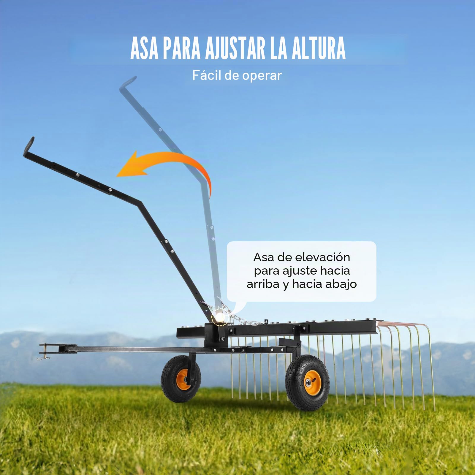 VEVOR Escarificadora de Remolque detrás de 1500 x 1600 x 1900 mm con 24 Púas de Acero Q235, Rastrillo de Césped para ATV o Cortacésped, con Mango de Elevación para Hojas, Agujas de Pino y Hierba