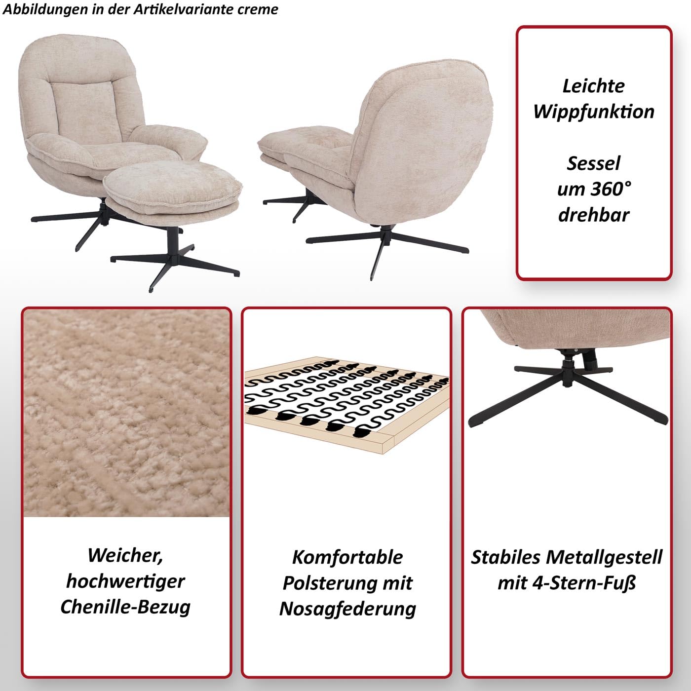 Mendler Relaxsessel mit Hocker HWC-P32, Fernsehsessel Nosagfederung, drehbar Metall Stoff/Textil Chenille (370 g/m²) - grau