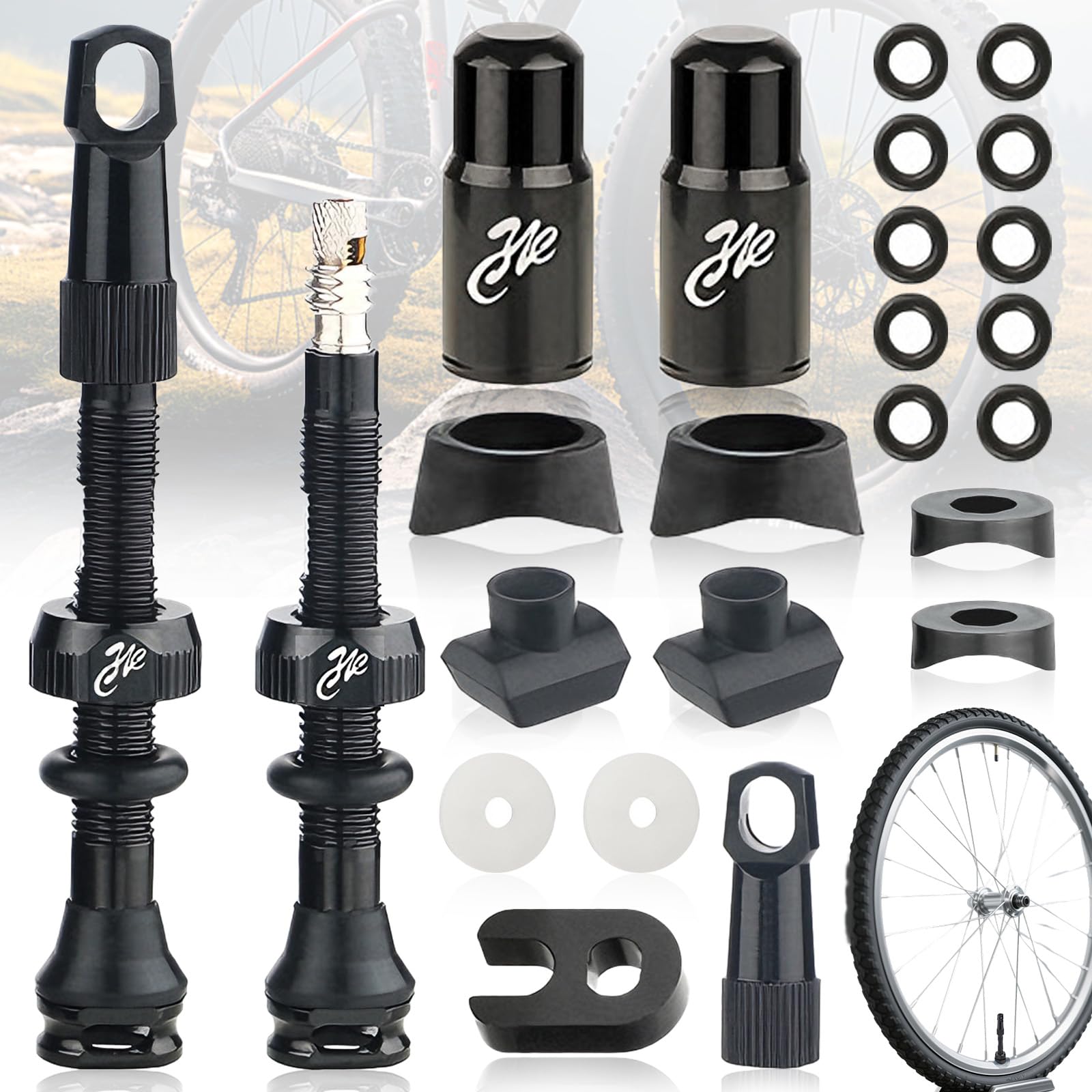 SoundZero 2 Pezzi Valvole Tubeless per Bici, Valvole Presta Tubeless Bici, Presta Tubeless Bicicletta MTB, Nere Bici Valvole Tubeless, Con strumento di rimozione valvola (50mm)