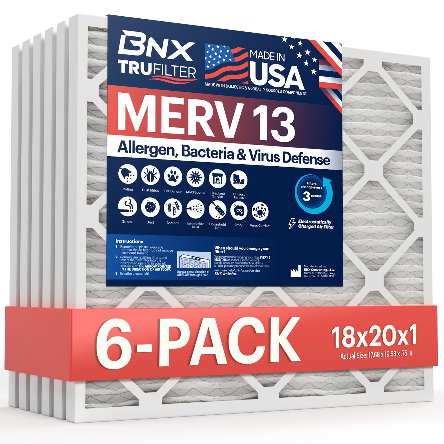 BNX TruFilter 18x20x1 Air Filter MERV 13 (6-Pack) - MADE IN USA - Electrostatic Pleated Air Conditioner HVAC AC Furnace Filters for Allergies, Pollen, Mold, Bacteria, Smoke, Allergen, MPR 1900 FPR 10