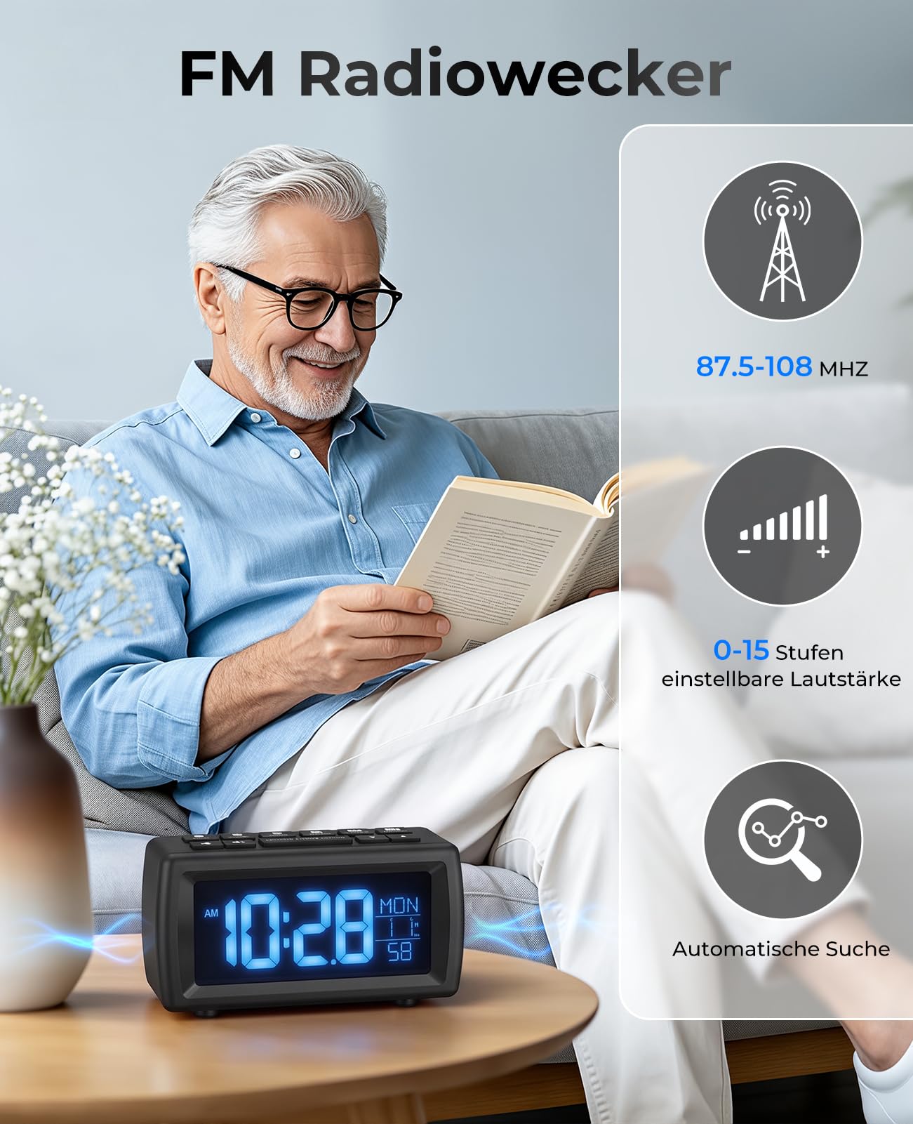 Digitaler Radiowecker, Wecker Radio mit 7-farbige Ziffernanzeige, Einstellbarer Helligkeit und Weckton, Für Tiefschläfer, Sleep Timer & Schlummerfunktion (Schwarz)