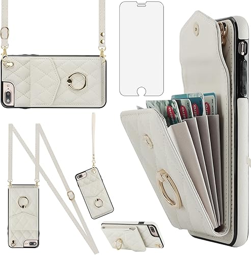 Asuwish Funda de teléfono para iPhone 7plus 8plus 78 Plus Funda tipo cartera con protector de pantalla de vidrio templado, anillo cruzado, tarjetero
