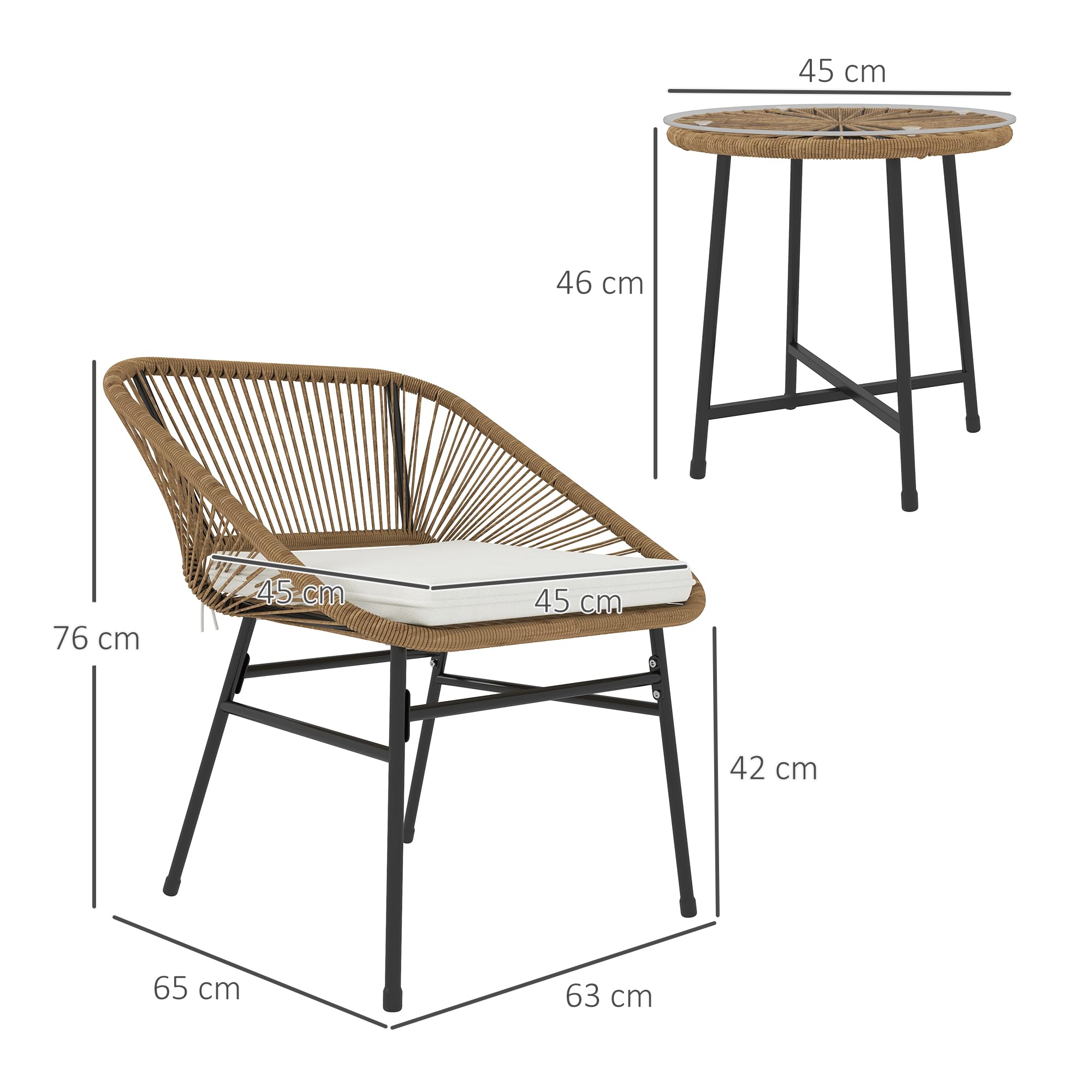 Outsunny Set da Giardino 3 Pezzi in Rattan PE e Acciaio, Set 2 Sedie con Cuscini e Tavolino da Caffè a Cilindro con Piano in Vetro, Set di Mobili da Balcone, per Patio e Cortile, Color Legno