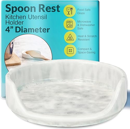 Soporte y soporte de cerámica para cuchara de cocina o estufa Utensilios de cuchara de espátula (blanco mármol)