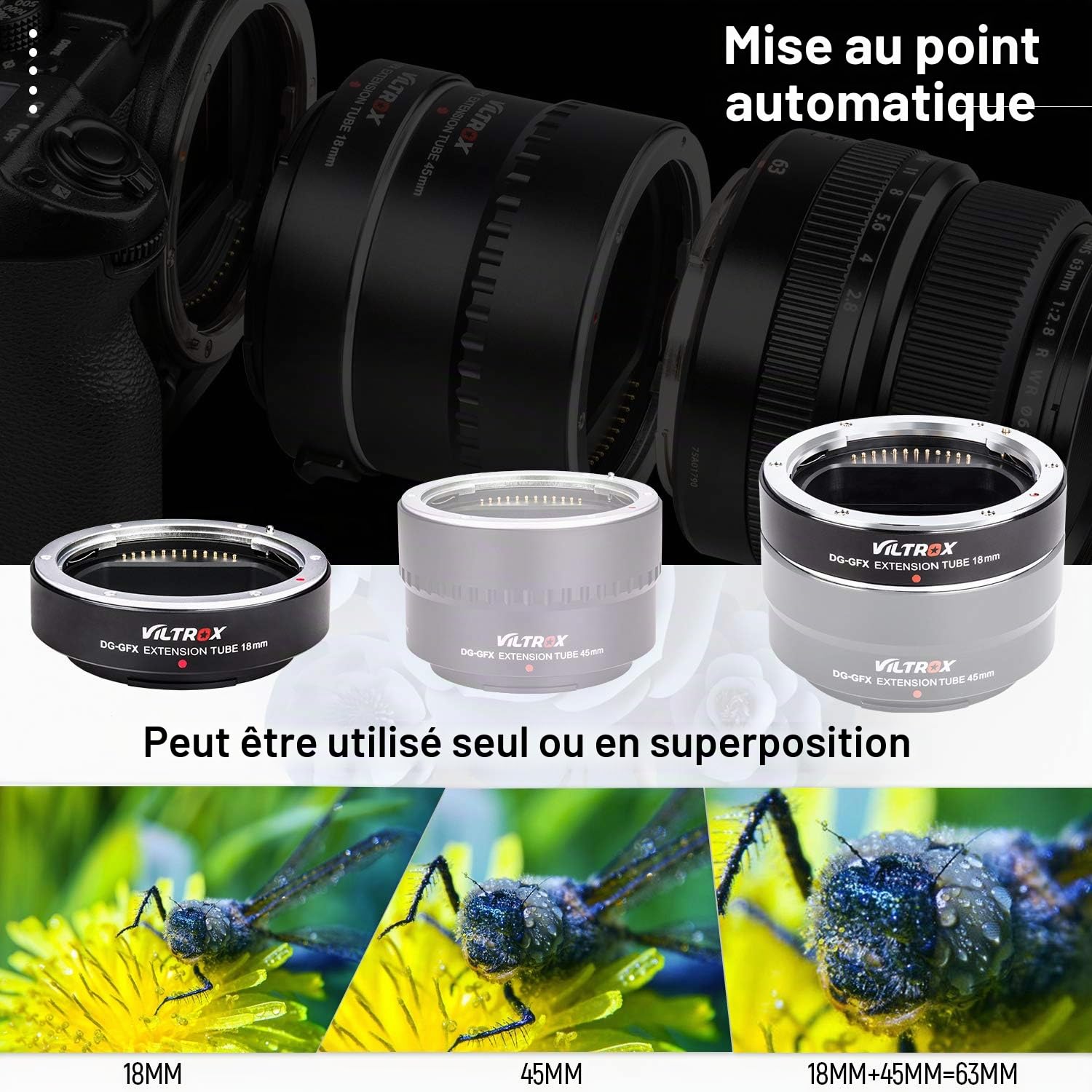 VILTROX DG-GFX Tube d'extension macro 18 mm pour appareil photo Fujifilm GFX100, GFX 50S, GFX 50R vers objectif G