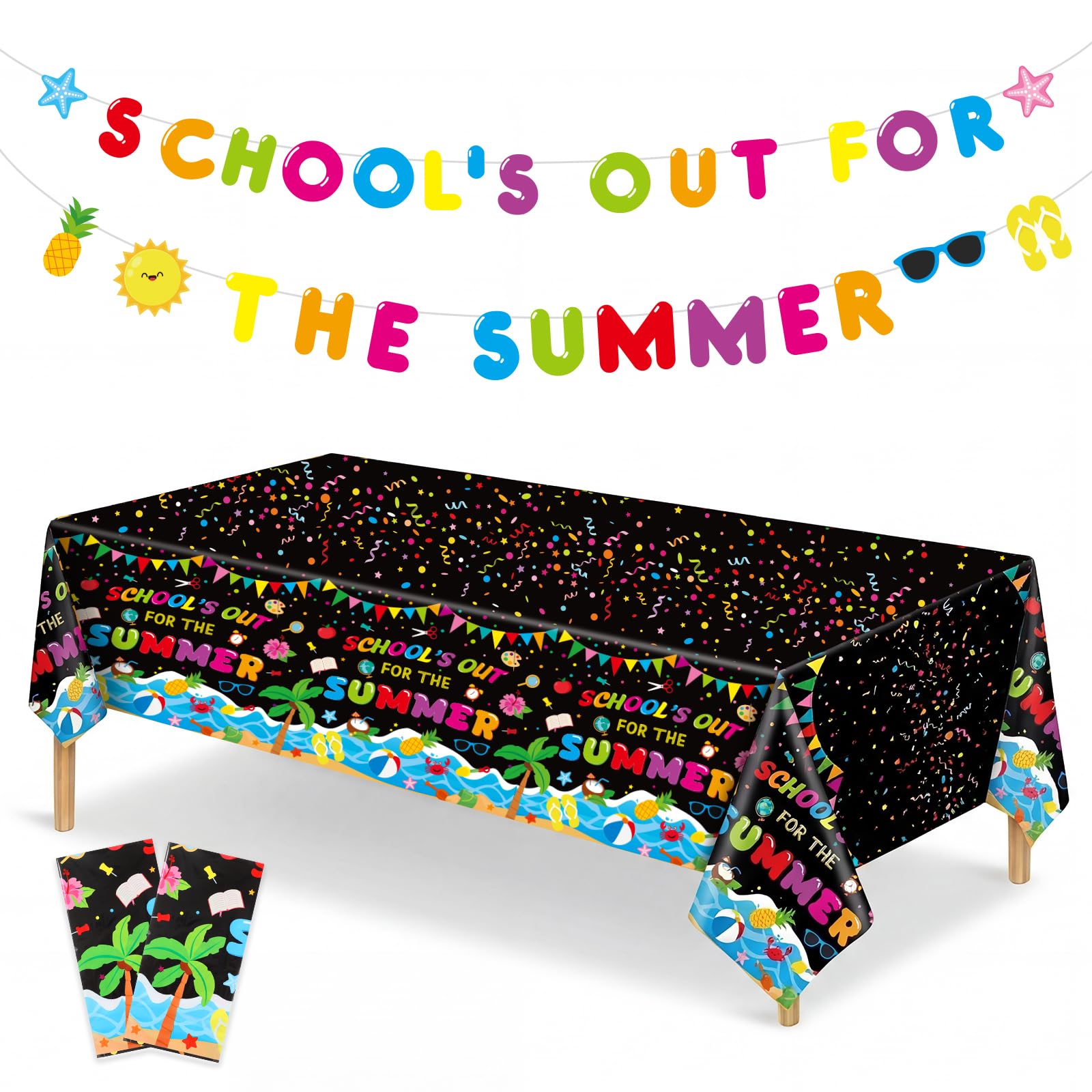 HunnmingRe 3 Pcs School's out for the Summer Party Decorations Include Tablecloths Banner, 54 x 108", End of School Year Decor for Graduation Summer Vacation Pool Beach Party Supplies