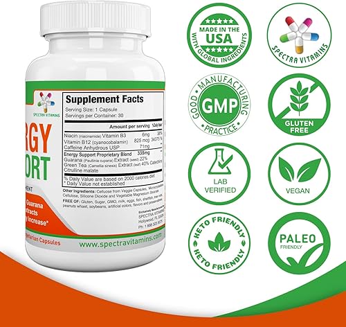 Miniatura 4 de Spectra Vitamins Natural Energy Support 30 cápsulas - Cápsulas de guaraná - Vitamina B12 - Extractos de guaraná y té verde - Suplementos energéticos