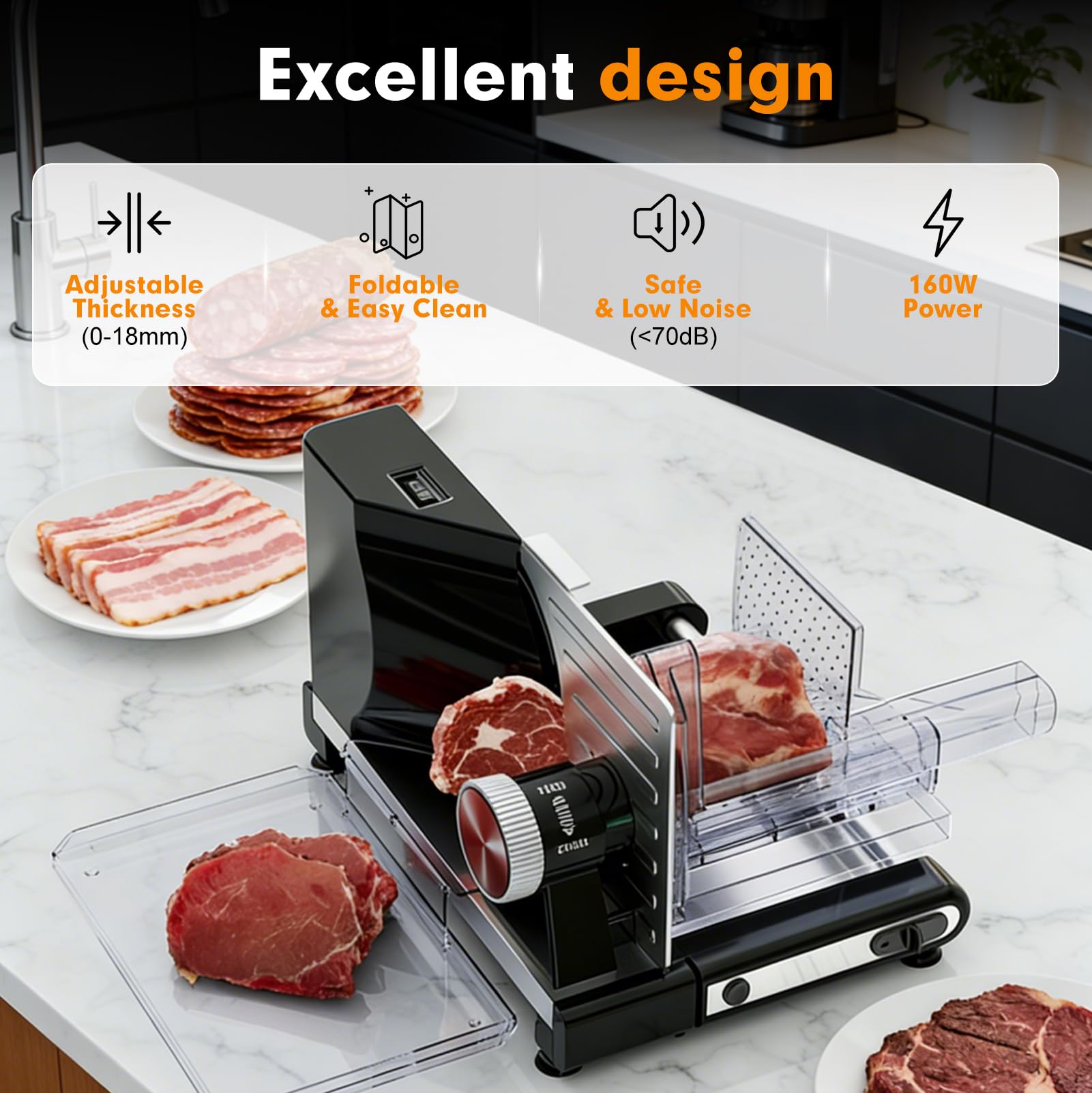 Cortadora de Fiambre Eléctrica Plegable, Cortafiambres con Grosor | Ajustable (0-18mm), Cortafiambres 160W para Carne y Pan, Silenciosa (<70dB)