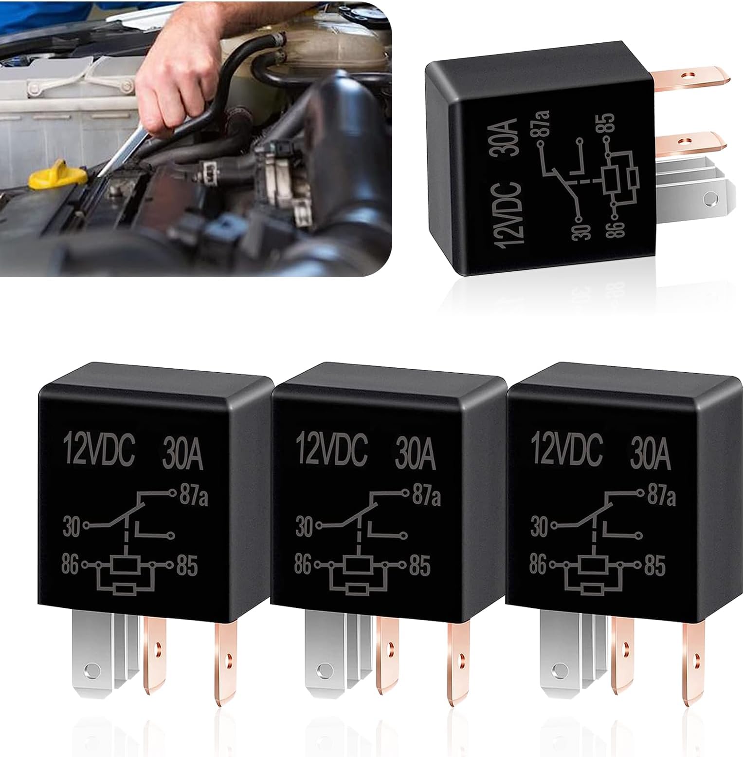 getfay Pack-4 Automotive Relay, 12V Waterproof Relay without Backrest, Multi-purpose 5-pin Car Starter Adapter Replacement, Nylon Car Motor System Plug, Universal for Most Cars, Trucks (Black #1)