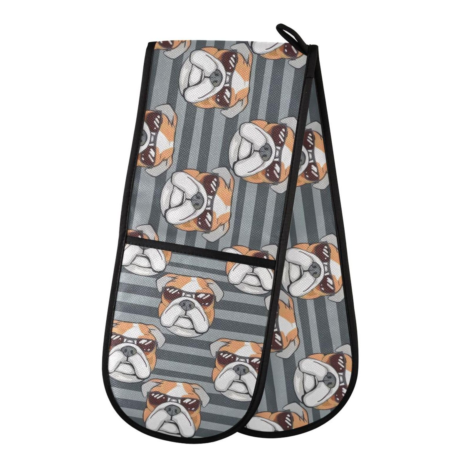 Oven Gloves Double Oven Gloves Bulldog Dog Striped Pet Oven Mitts Pot Holder Heat Resistant Quilted for BBQ Baking Kitchen Cooking Gloves — image 1