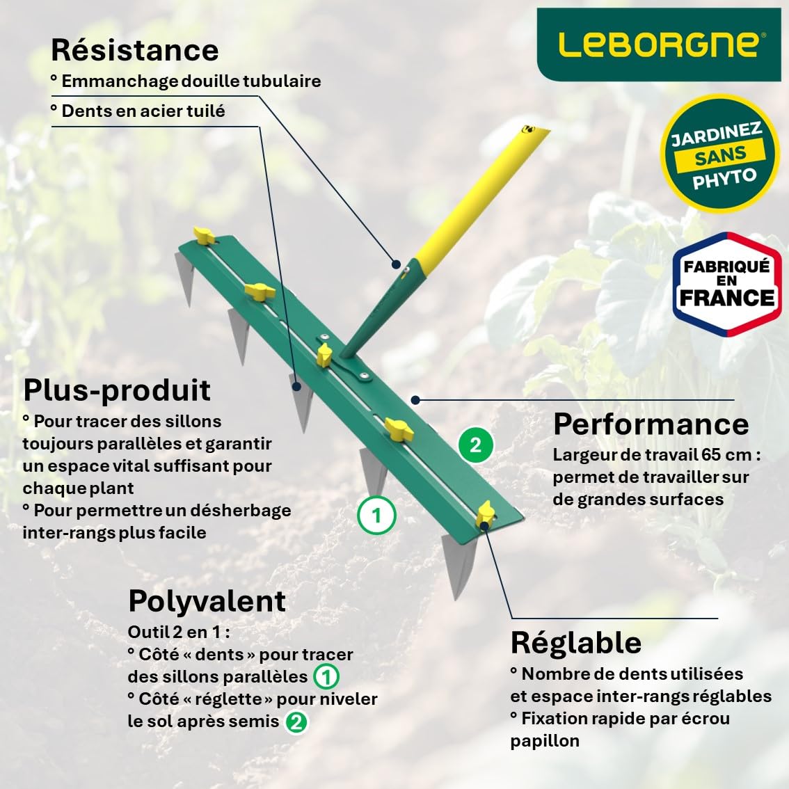 Leborgne,Traceur de Rangs 5 Dents Réglables 65 cm NaturOvert , Outil de Jardinage Ergonomique, Idéal pour Cultures de Légumes et Fleurs, Conception Sans Manche pour un Confort Optimal